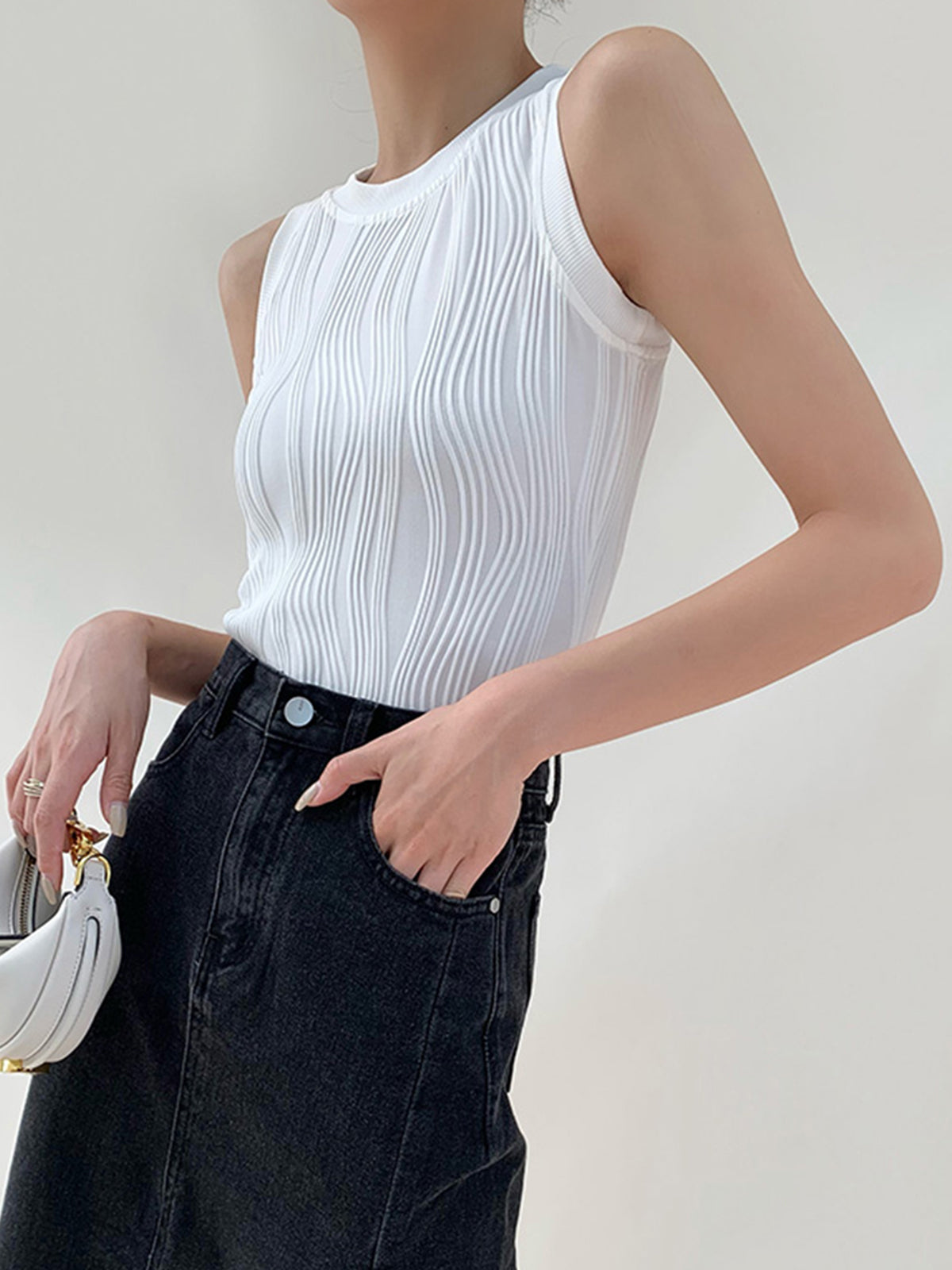 Wavy Textured Sleeveless Top in Solid Color