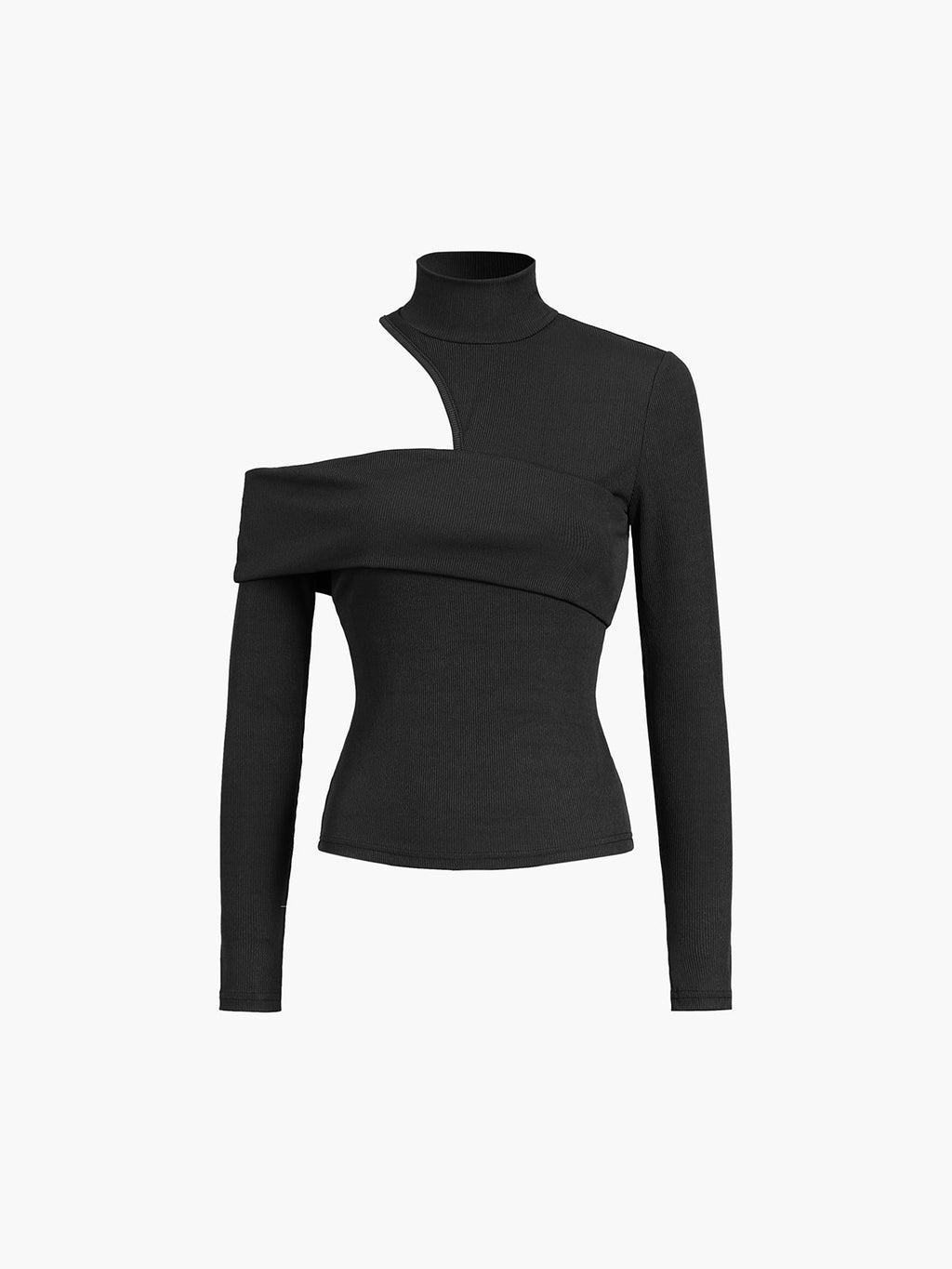 Ribbed Long Sleeve Knit Top with Mock Neck and Asymmetrical Cutout