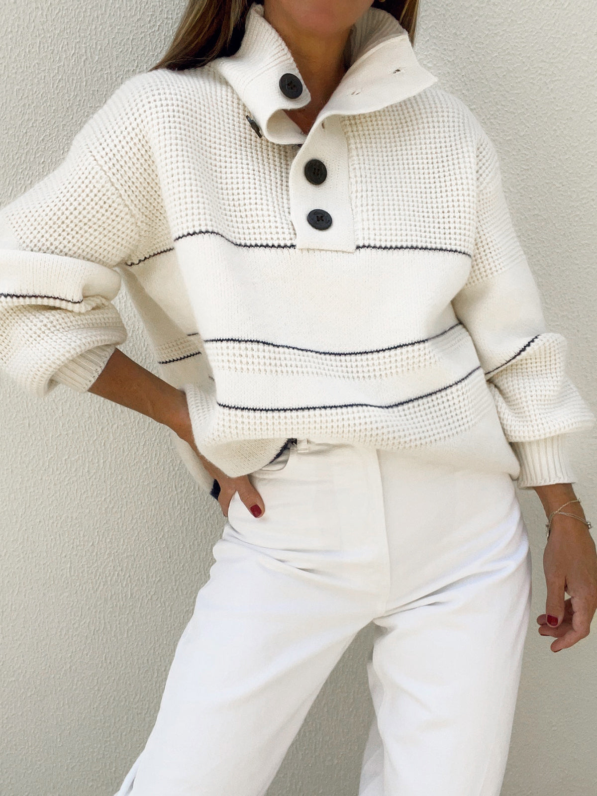 Chic Open Collar Knit Button-Up Sweater