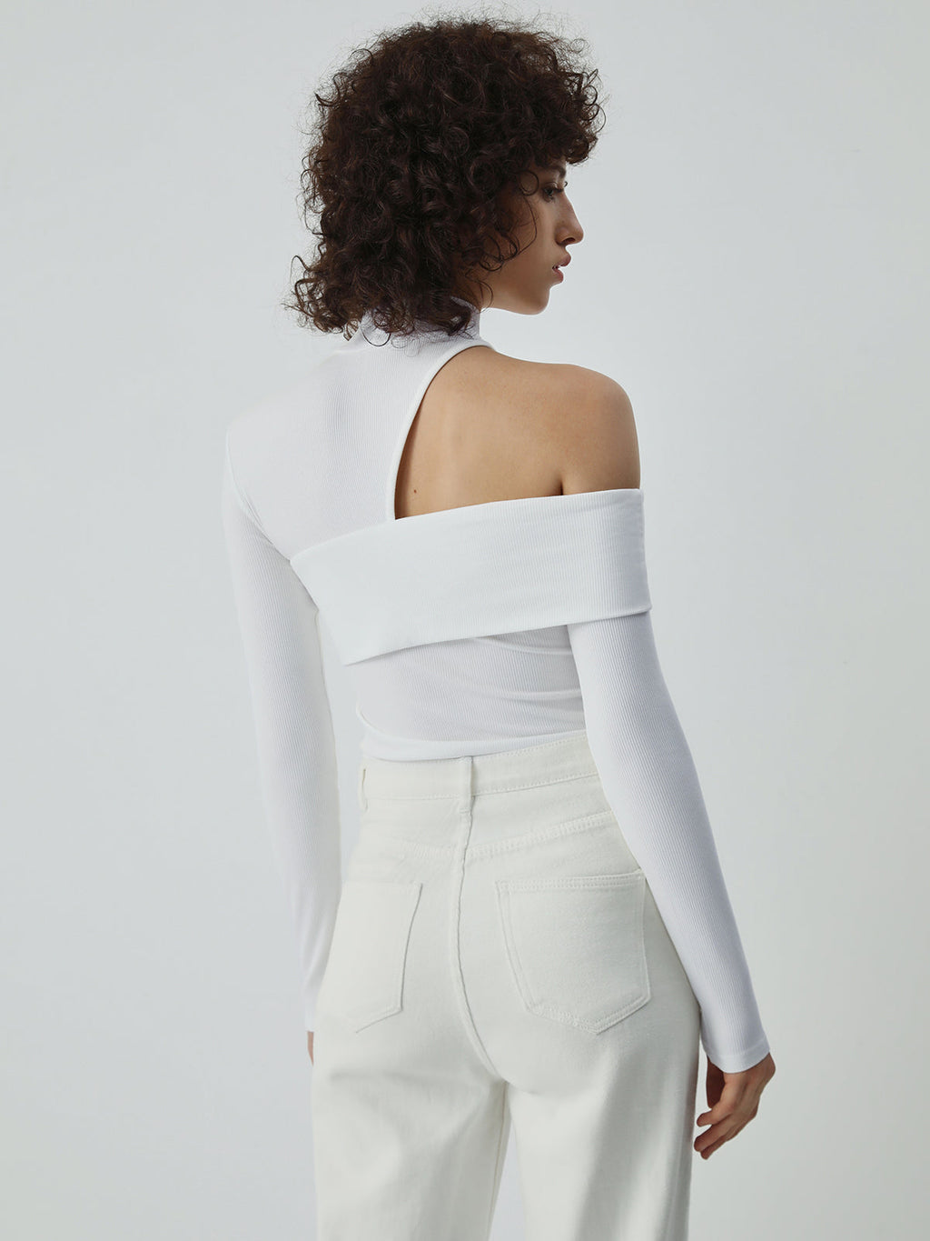 Ribbed Long Sleeve Knit Top with Mock Neck and Asymmetrical Cutout