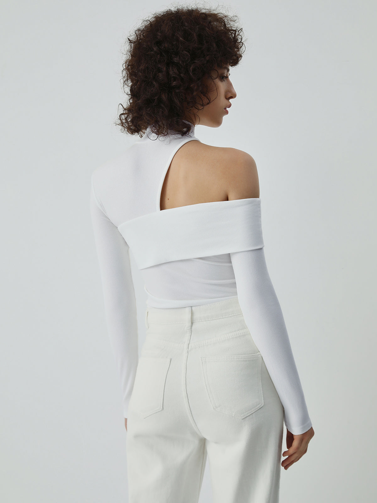 Ribbed Long Sleeve Knit Top with Mock Neck and Asymmetrical Cutout