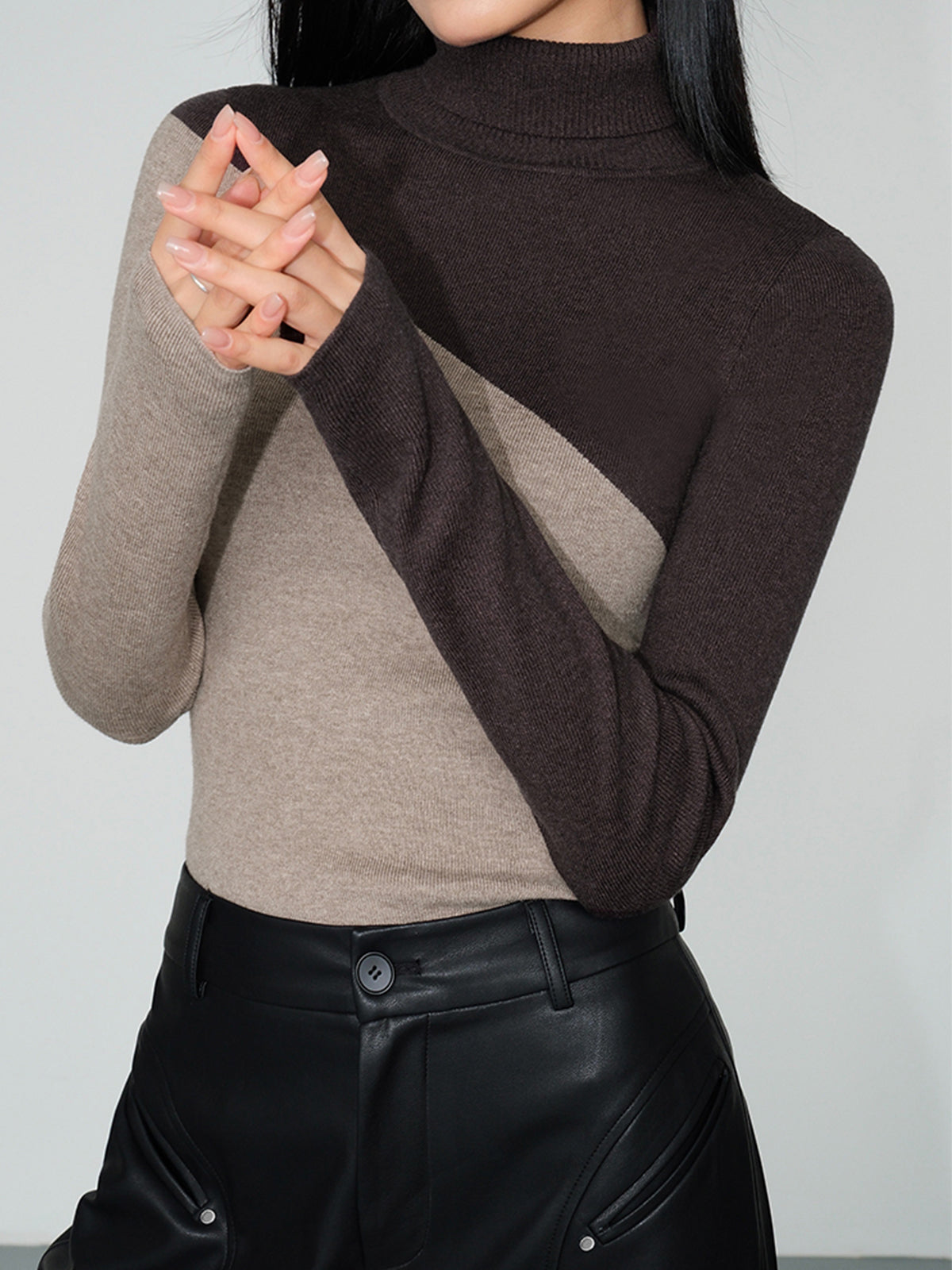 Asymmetrical Patchwork Knit Top with Mock Neck and Long Sleeves