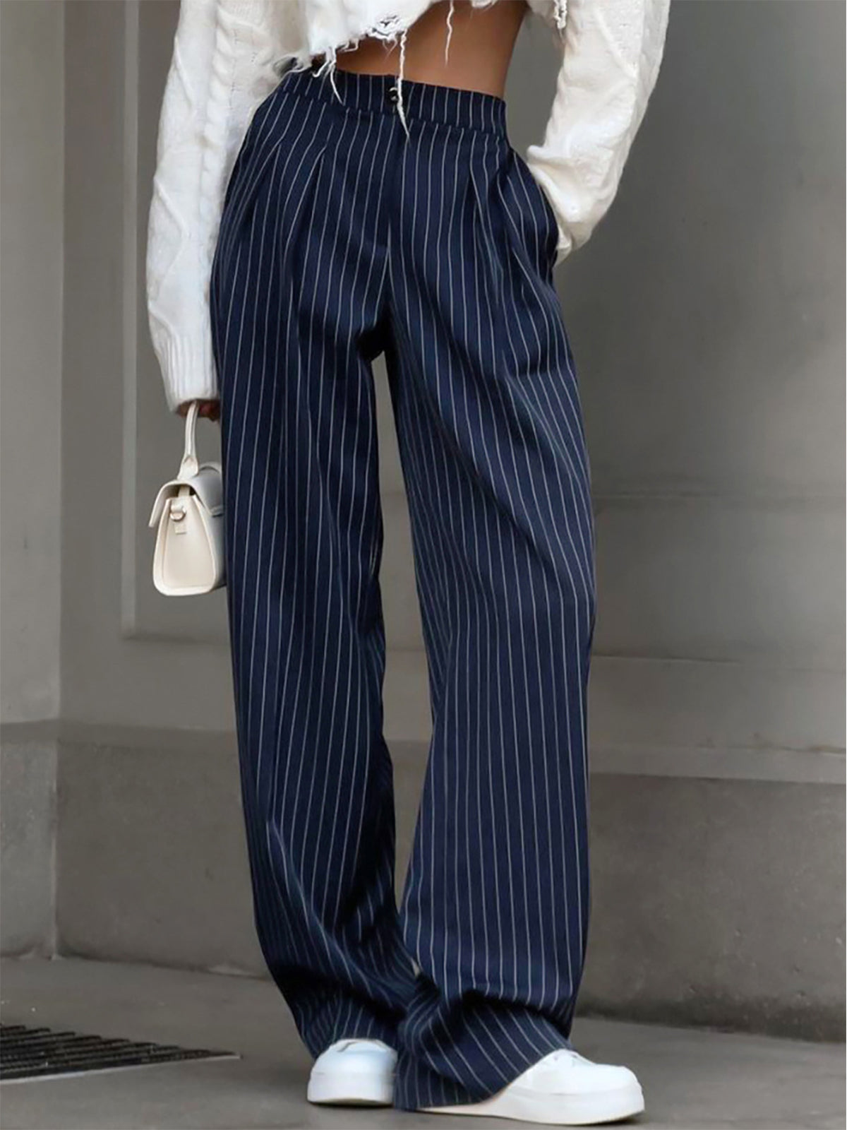 Chic Pinstripe Wide-Leg Trousers with Pleated Detail