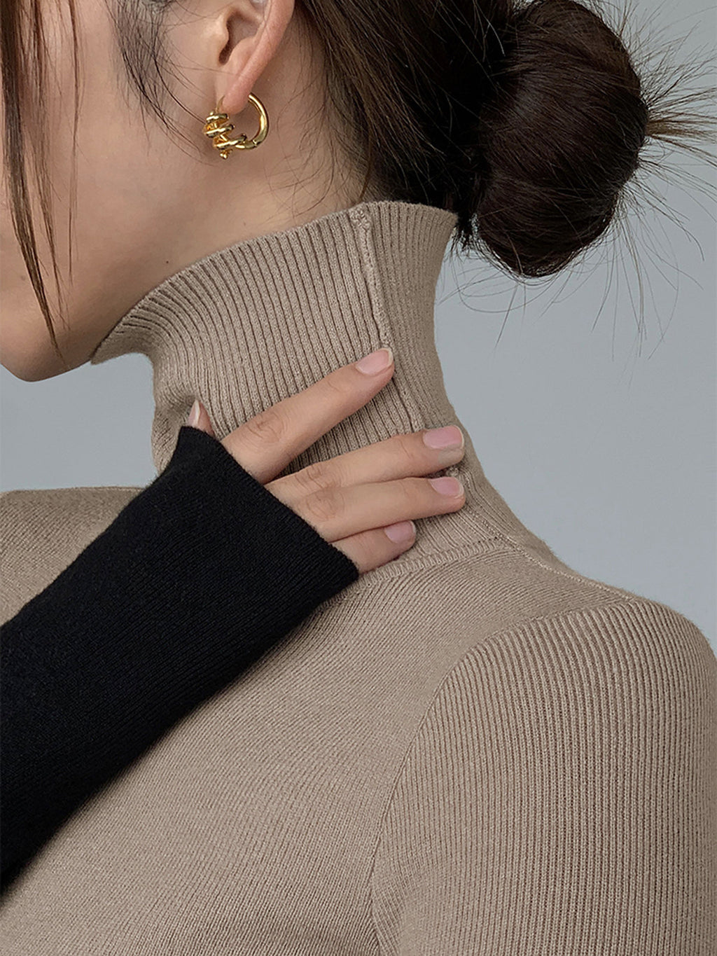 Asymmetrical Patchwork Knit Top with Mock Neck and Long Sleeves