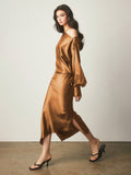 Asymmetrical Satin Split Skirt with Luxe Shine