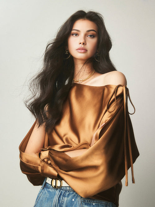 Asymmetrical Satin Cold Shoulder Blouse with Tied Detail