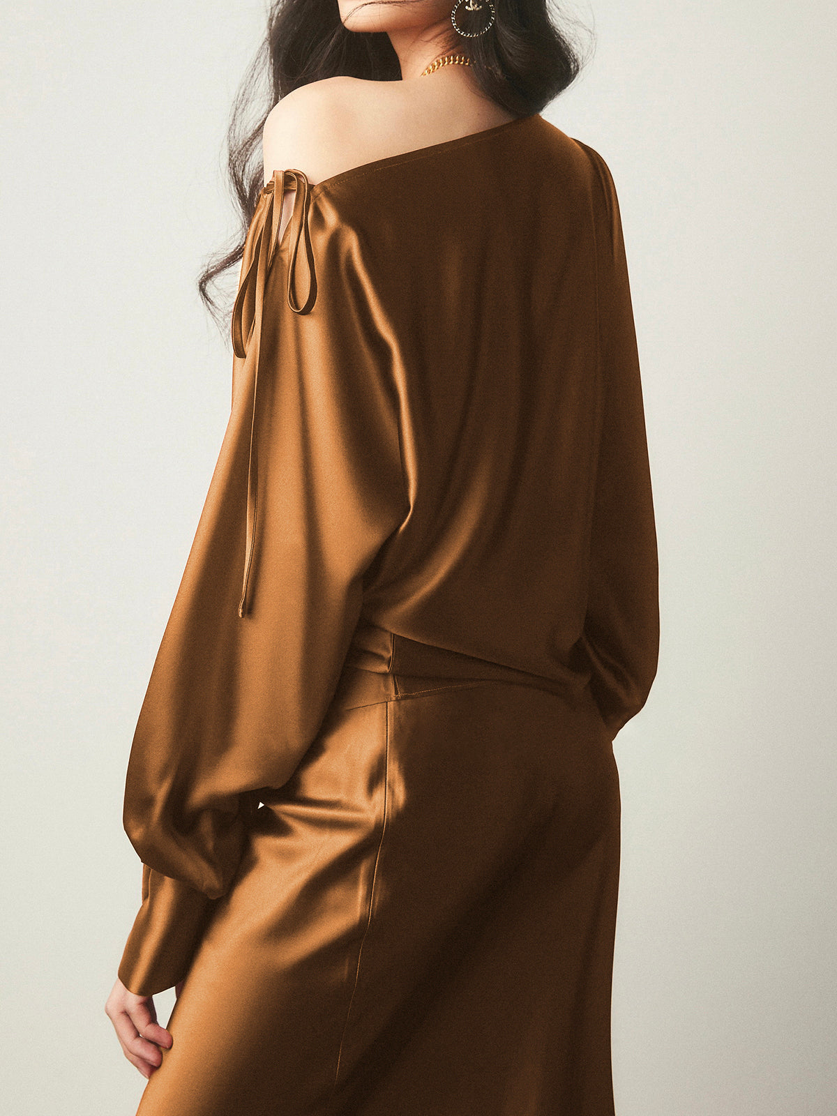 Asymmetrical Satin Cold Shoulder Blouse with Tied Detail
