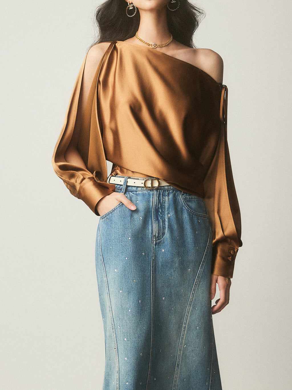 Asymmetrical Satin Cold Shoulder Blouse with Tied Detail