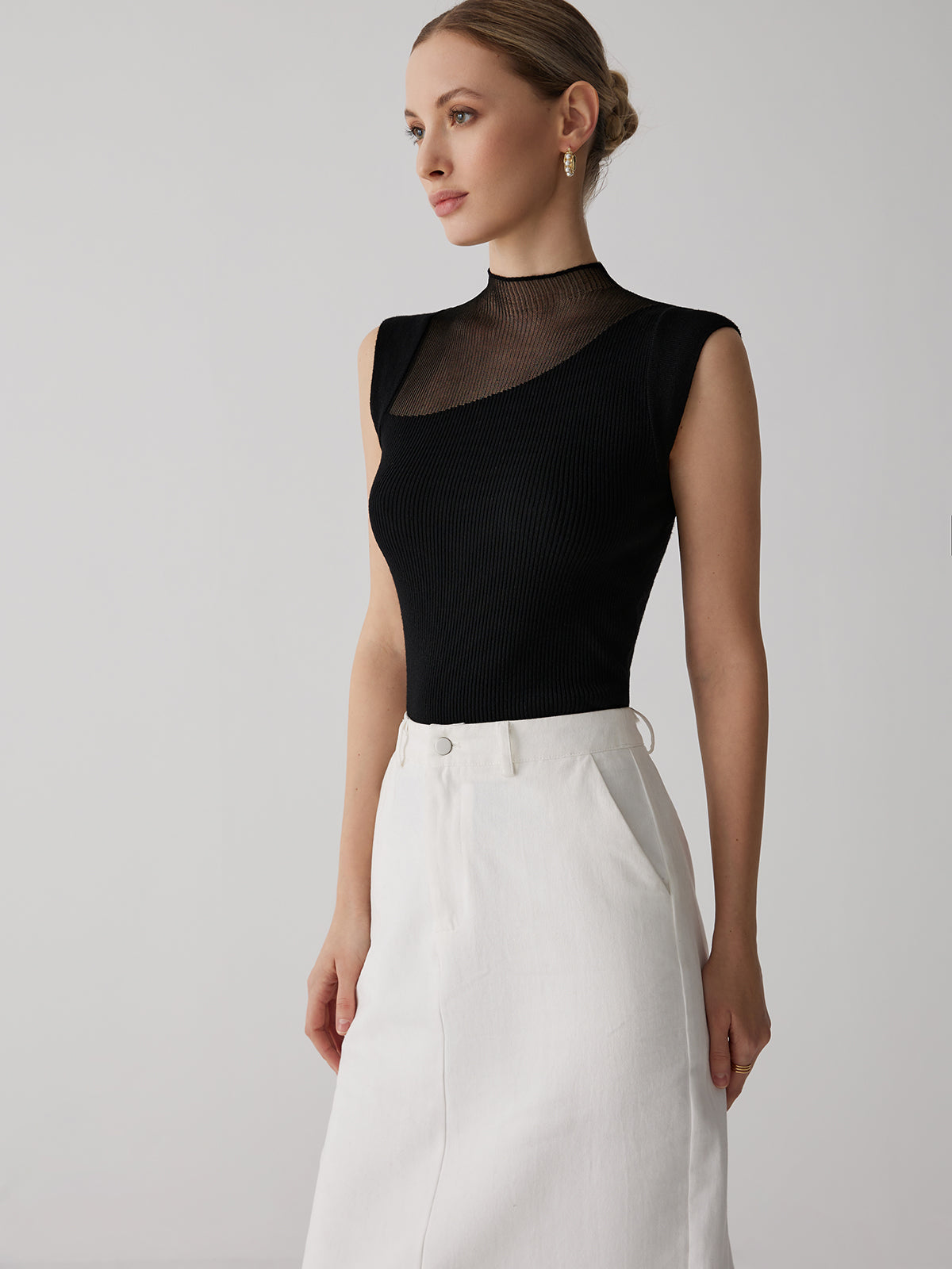 Sheer Mesh Patchwork Sleeveless Blouse