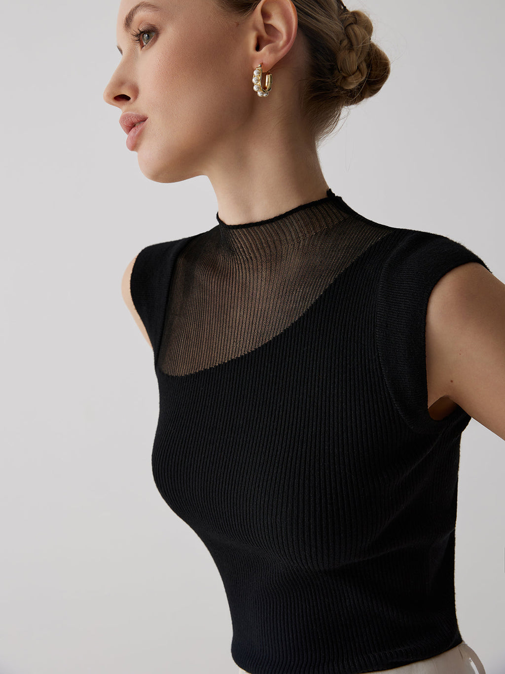 Sheer Mesh Patchwork Sleeveless Blouse