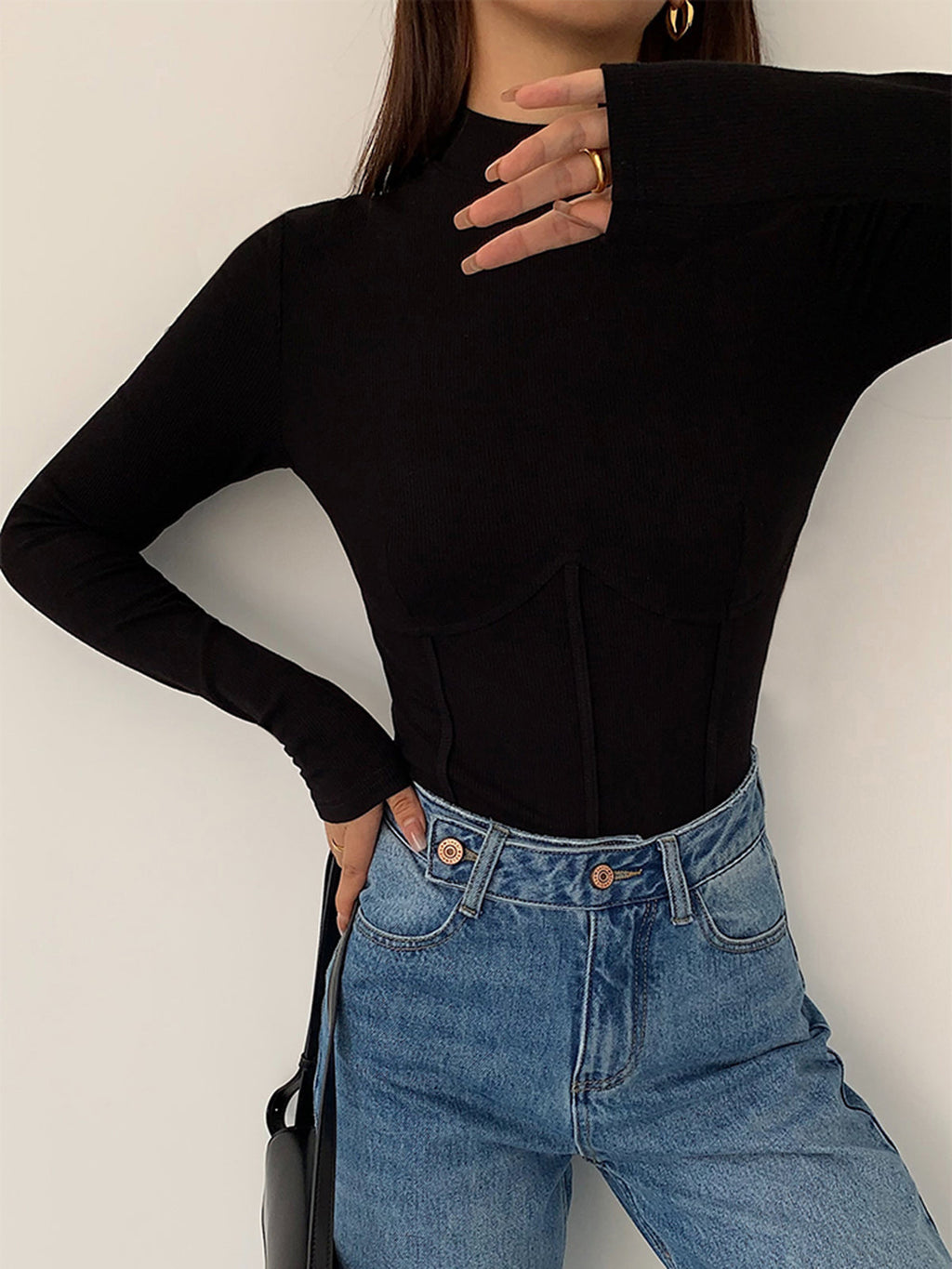 Piping Detail Mock Neck Slim Fit Tee