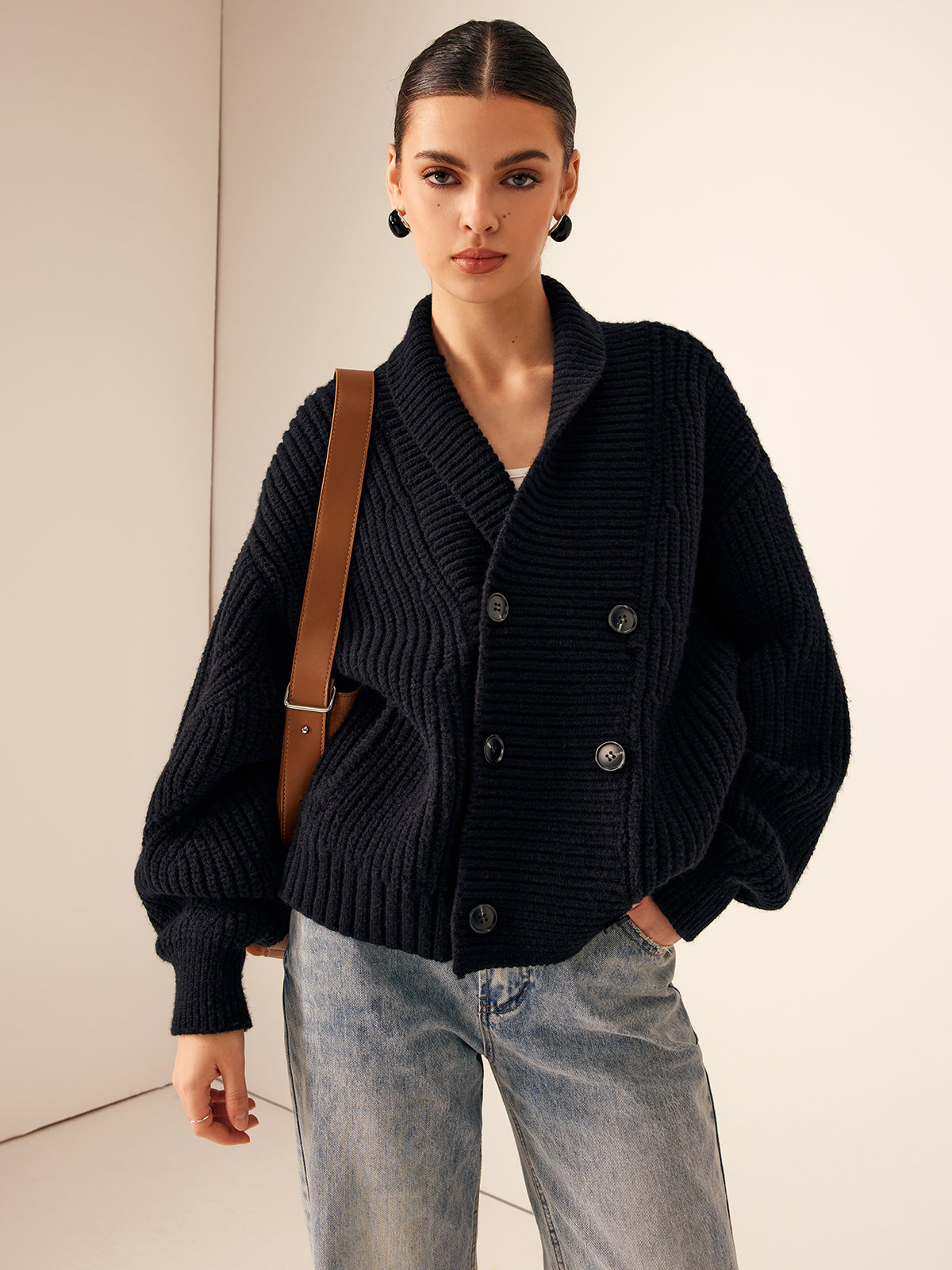Chic Ribbed Knit Jacket with Lapel and Button Closure