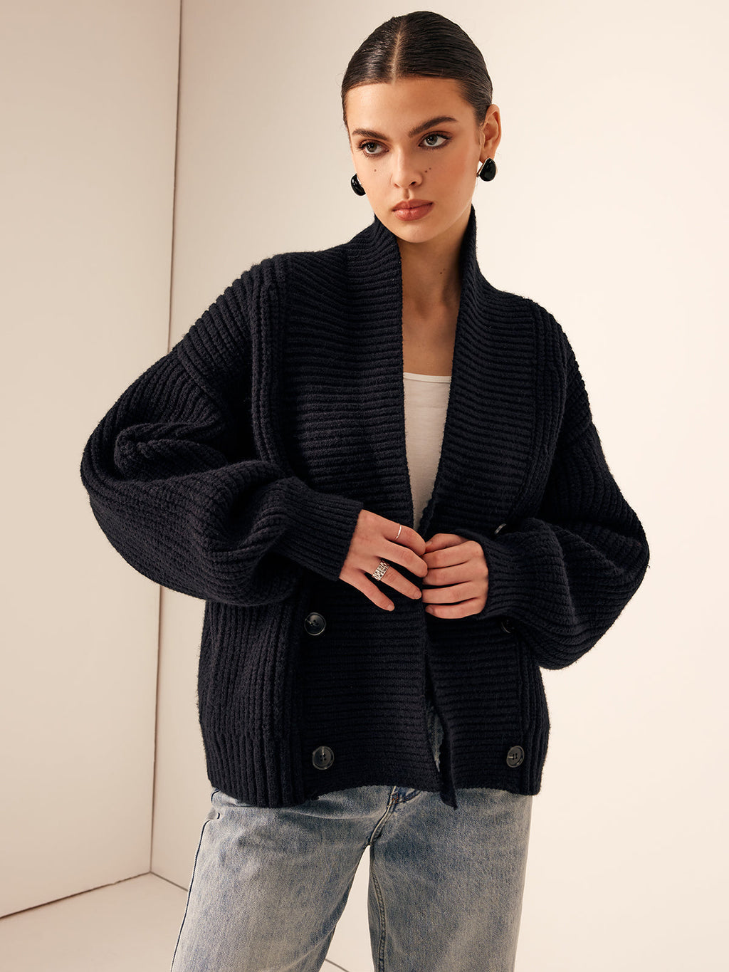 Chic Ribbed Knit Jacket with Lapel and Button Closure