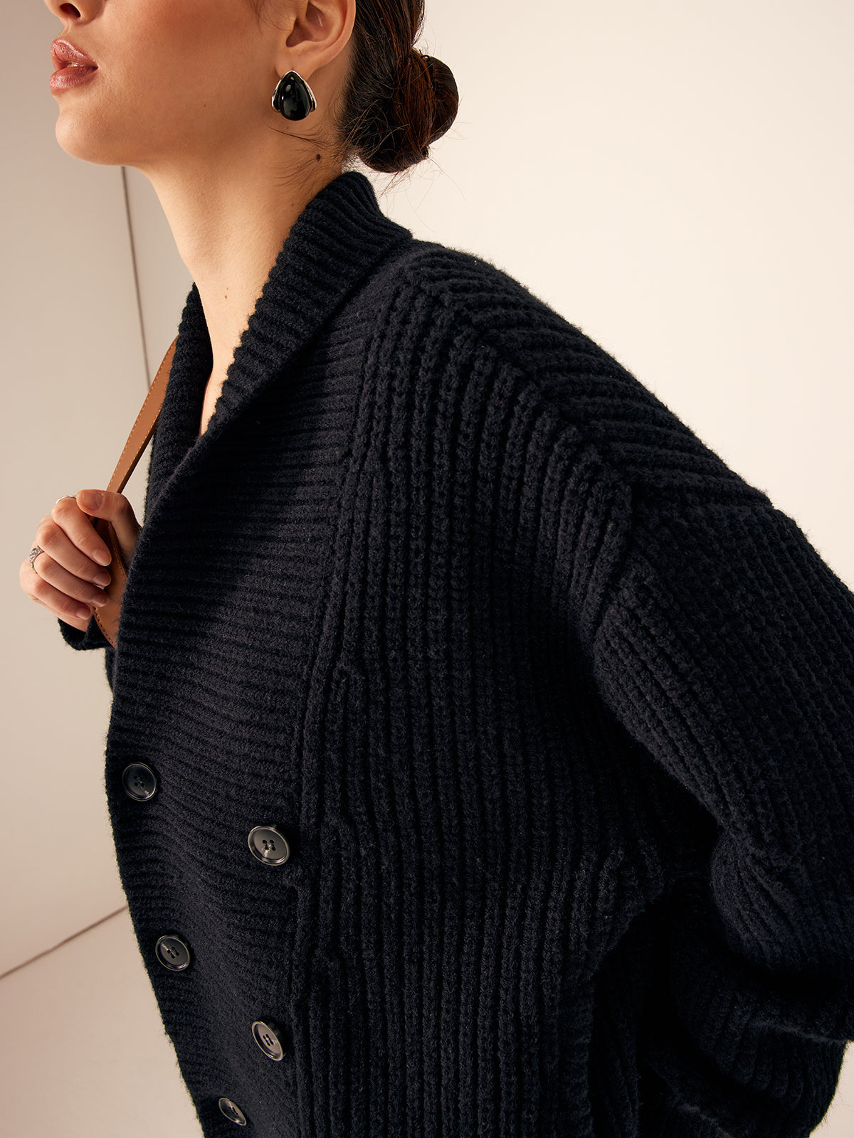 Chic Ribbed Knit Jacket with Lapel and Button Closure