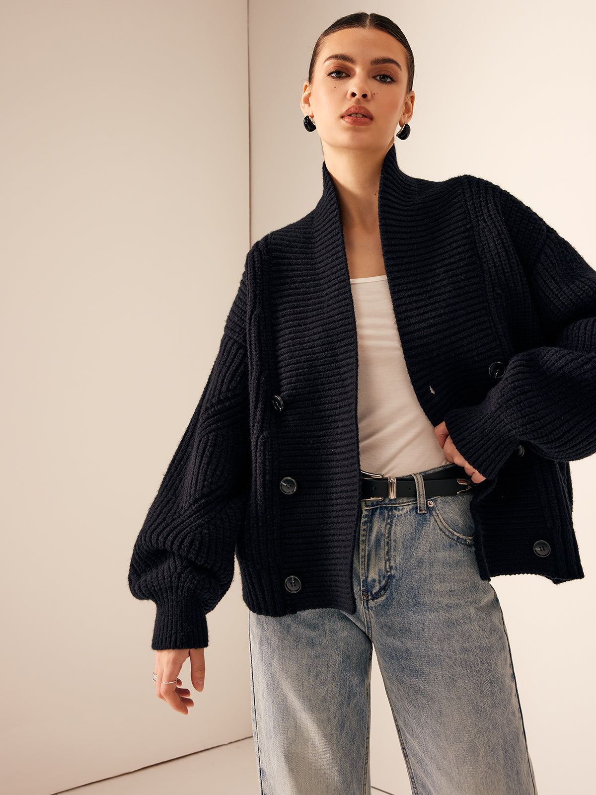 Chic Ribbed Knit Jacket with Lapel and Button Closure