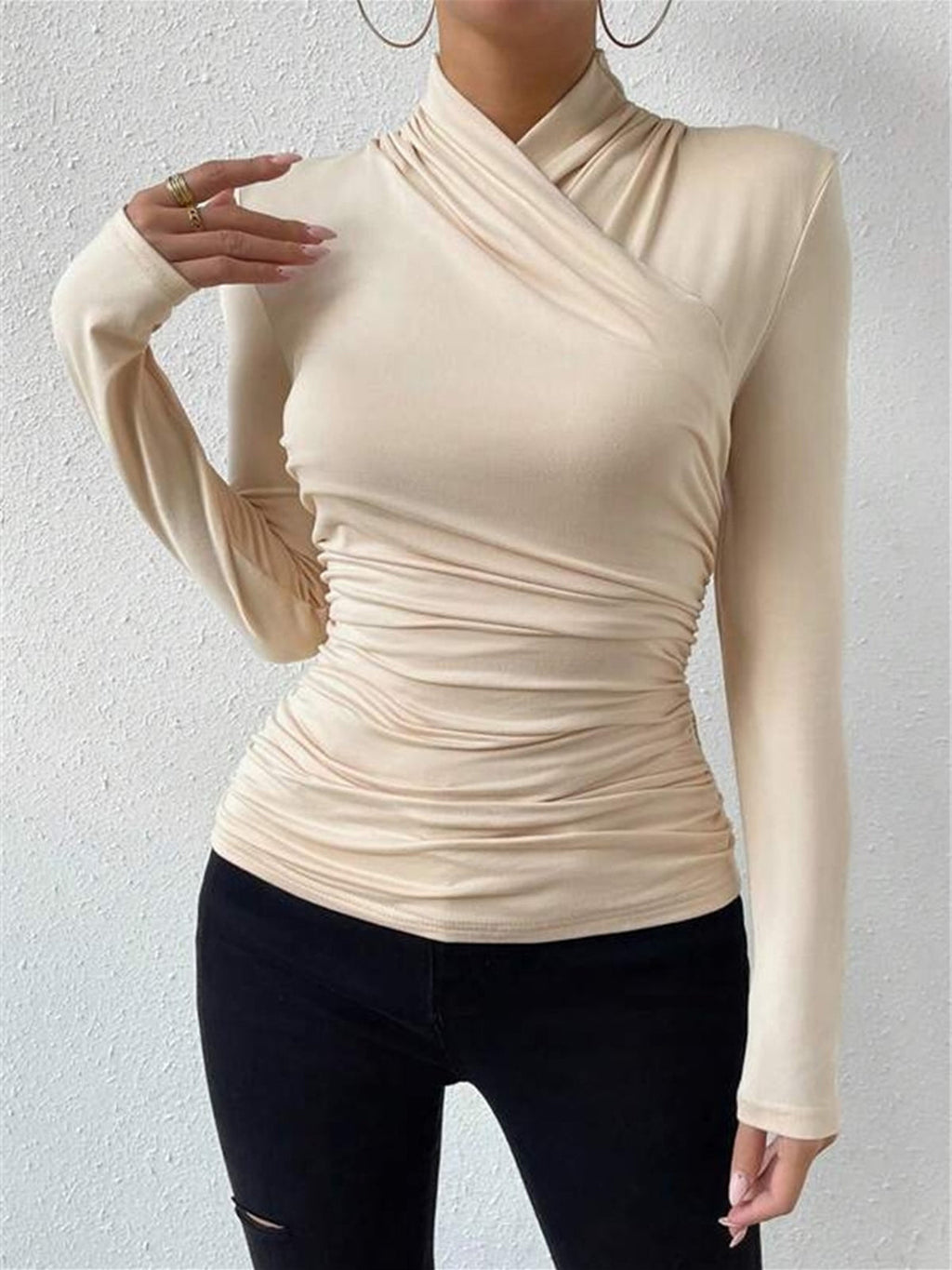 Pleated Cinched T-Shirt with Cross-Over Collar