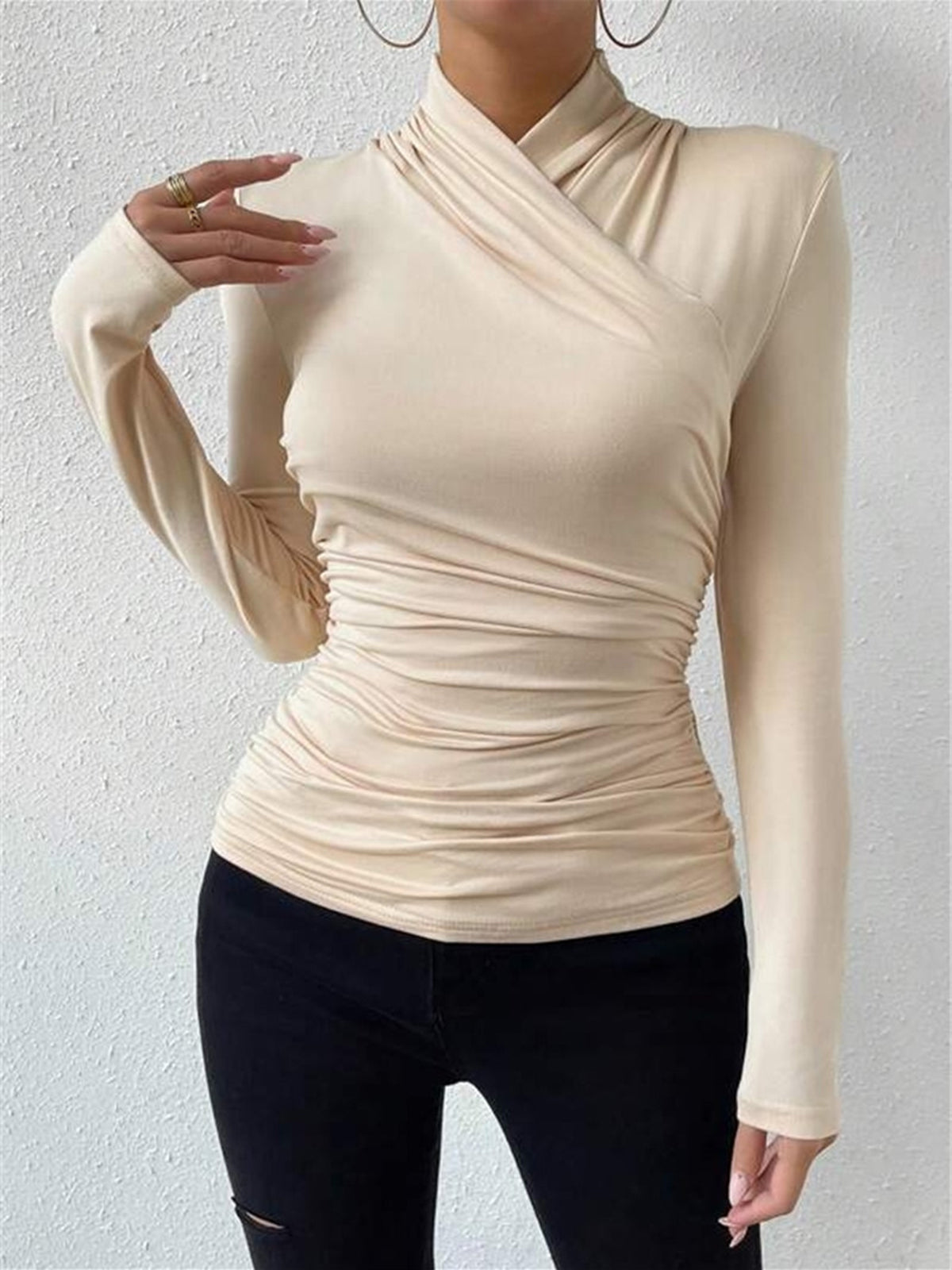 Pleated Cinched T-Shirt with Cross-Over Collar