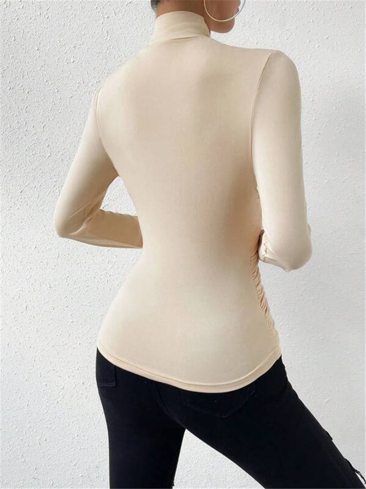 Pleated Cinched T-Shirt with Cross-Over Collar