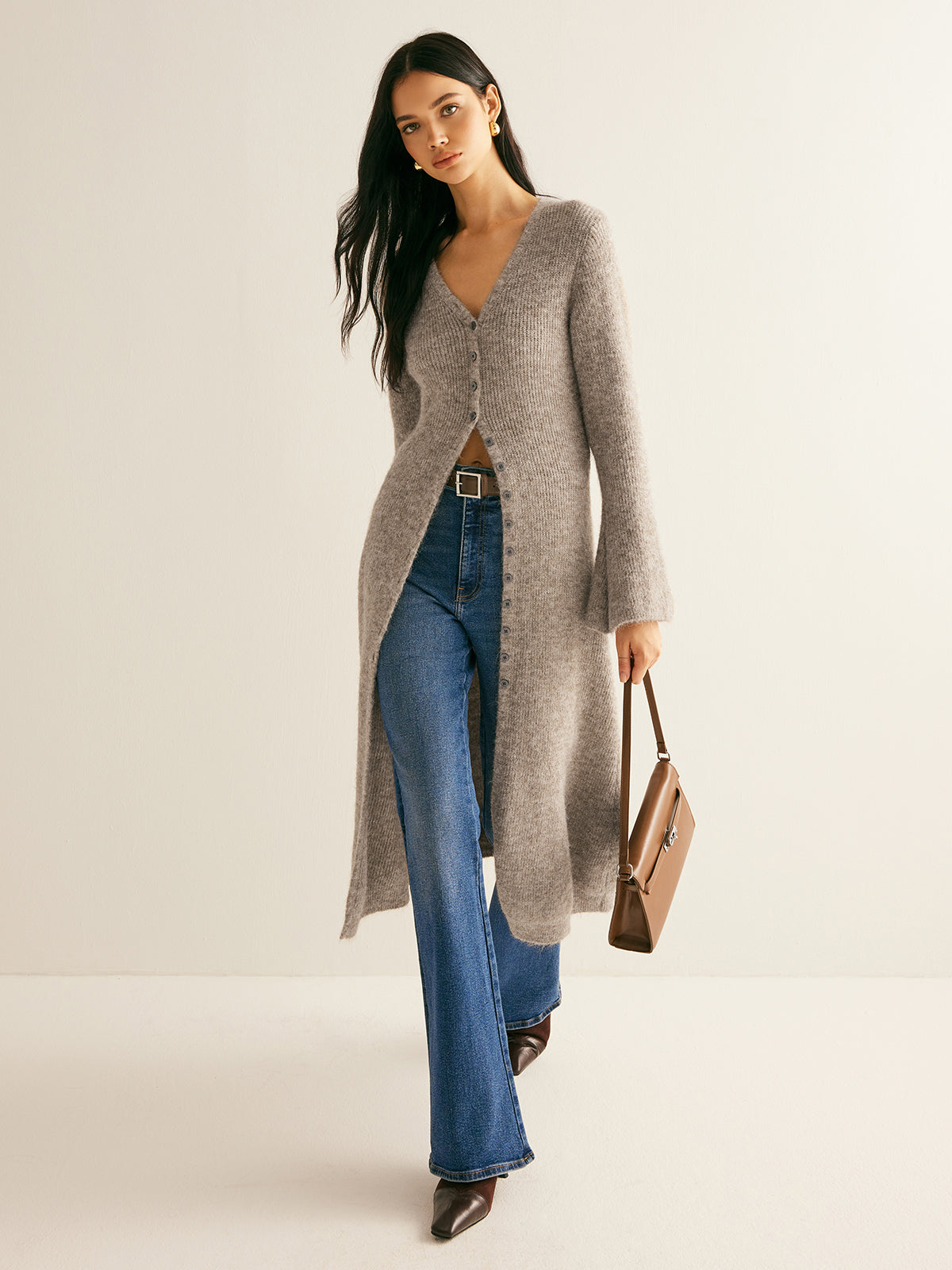 V-Neck Split Hem Sweater Dress with Layered Design