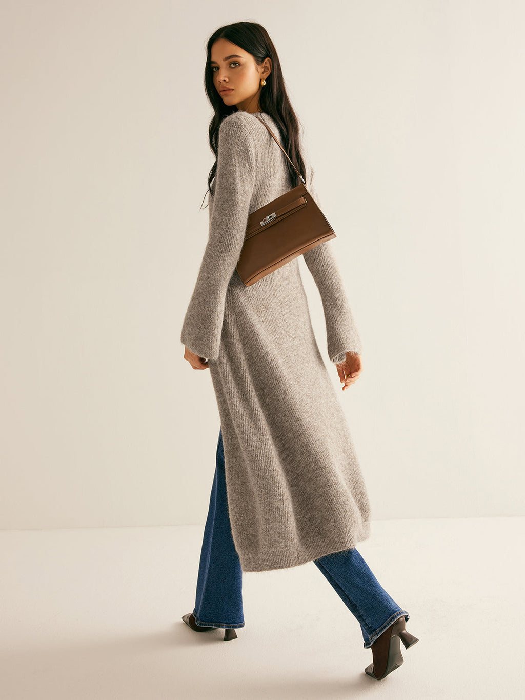 V-Neck Split Hem Sweater Dress with Layered Design