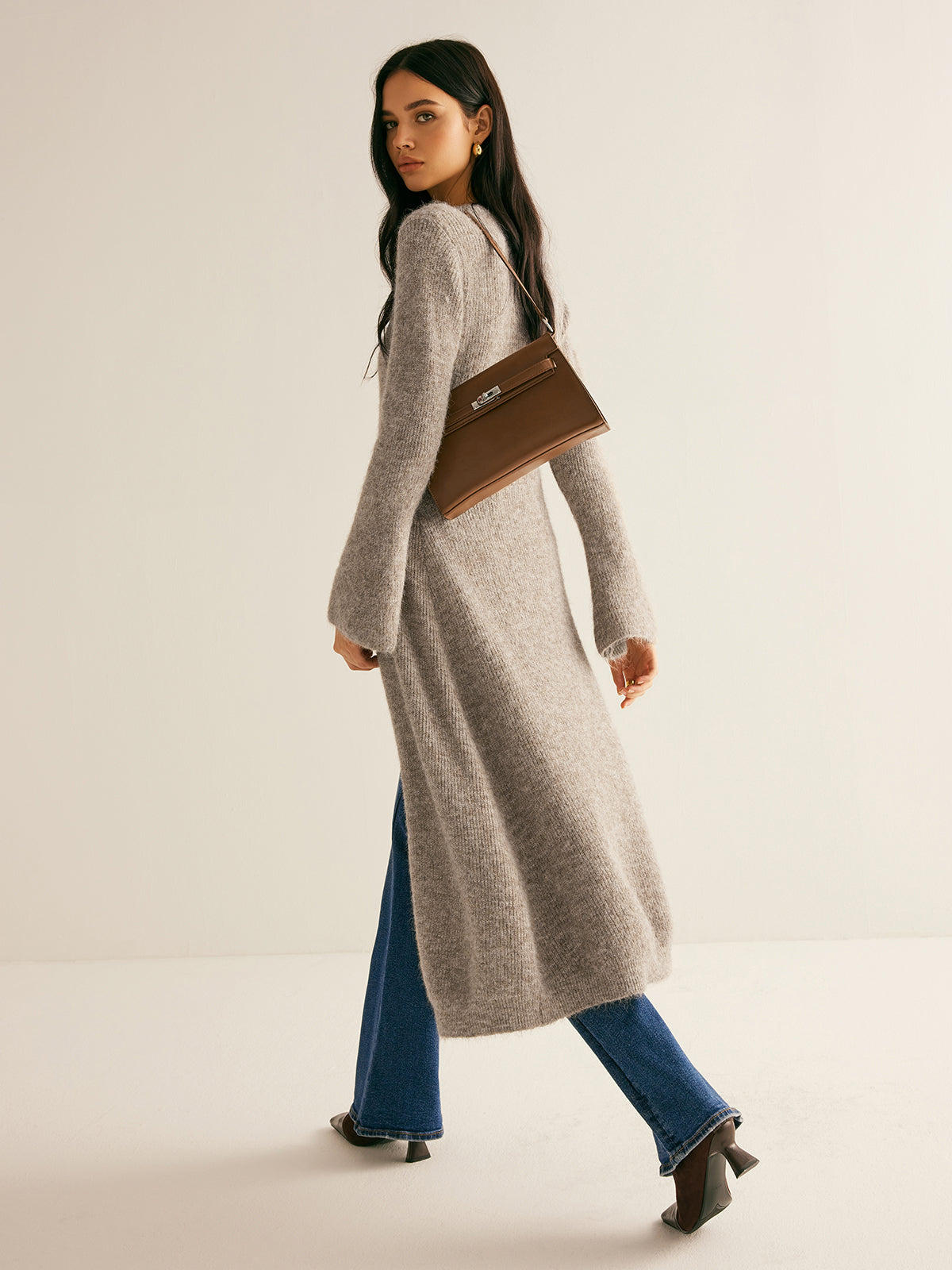 V-Neck Split Hem Sweater Dress with Layered Design