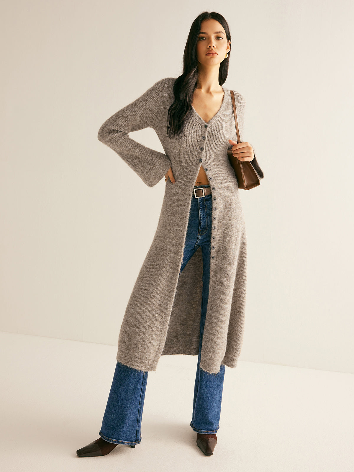 V-Neck Split Hem Sweater Dress with Layered Design