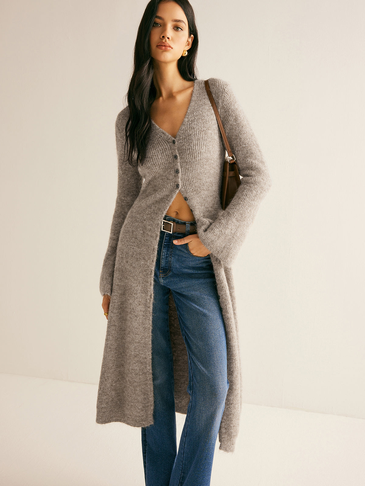 V-Neck Split Hem Sweater Dress with Layered Design