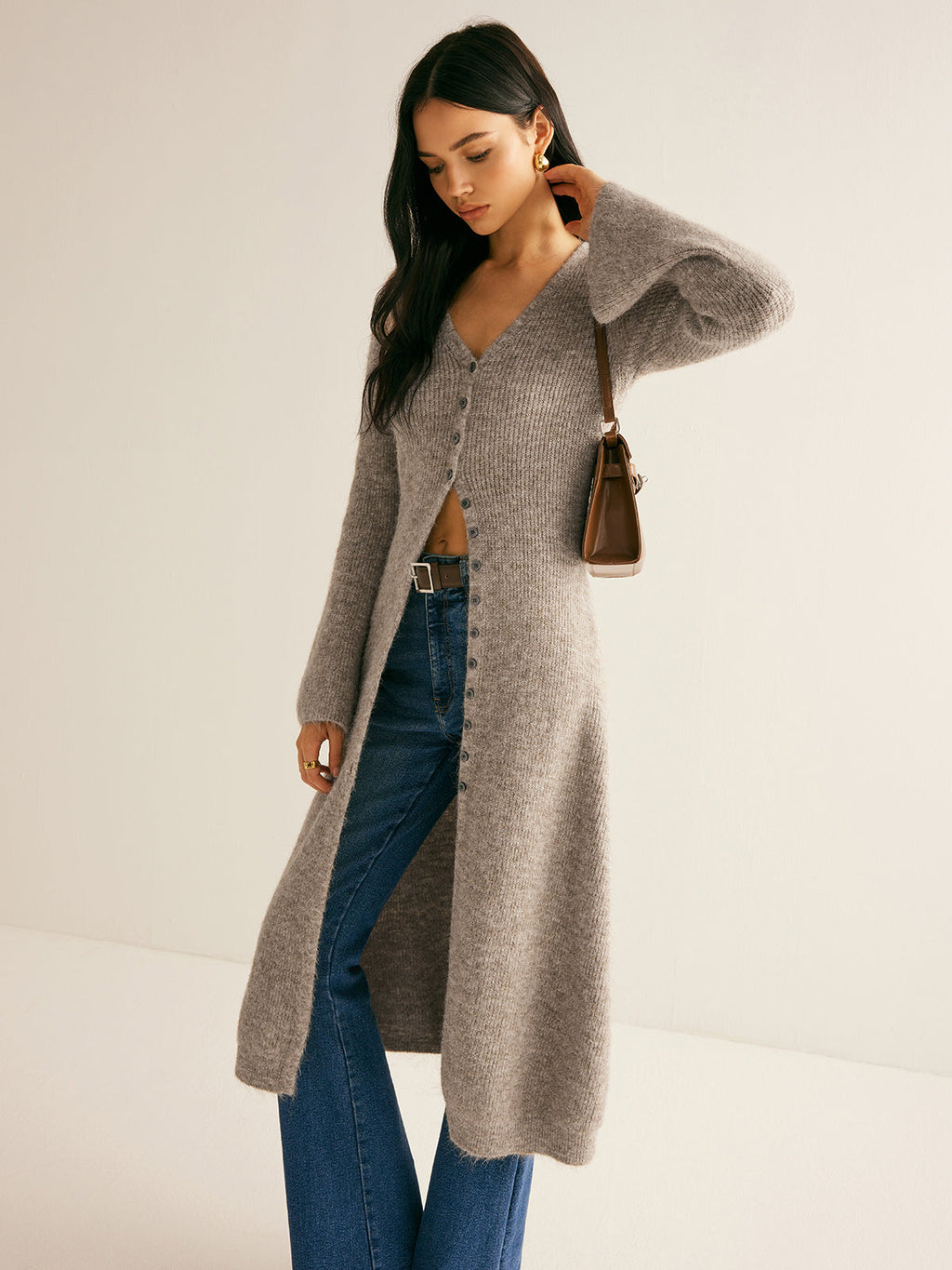 V-Neck Split Hem Sweater Dress with Layered Design