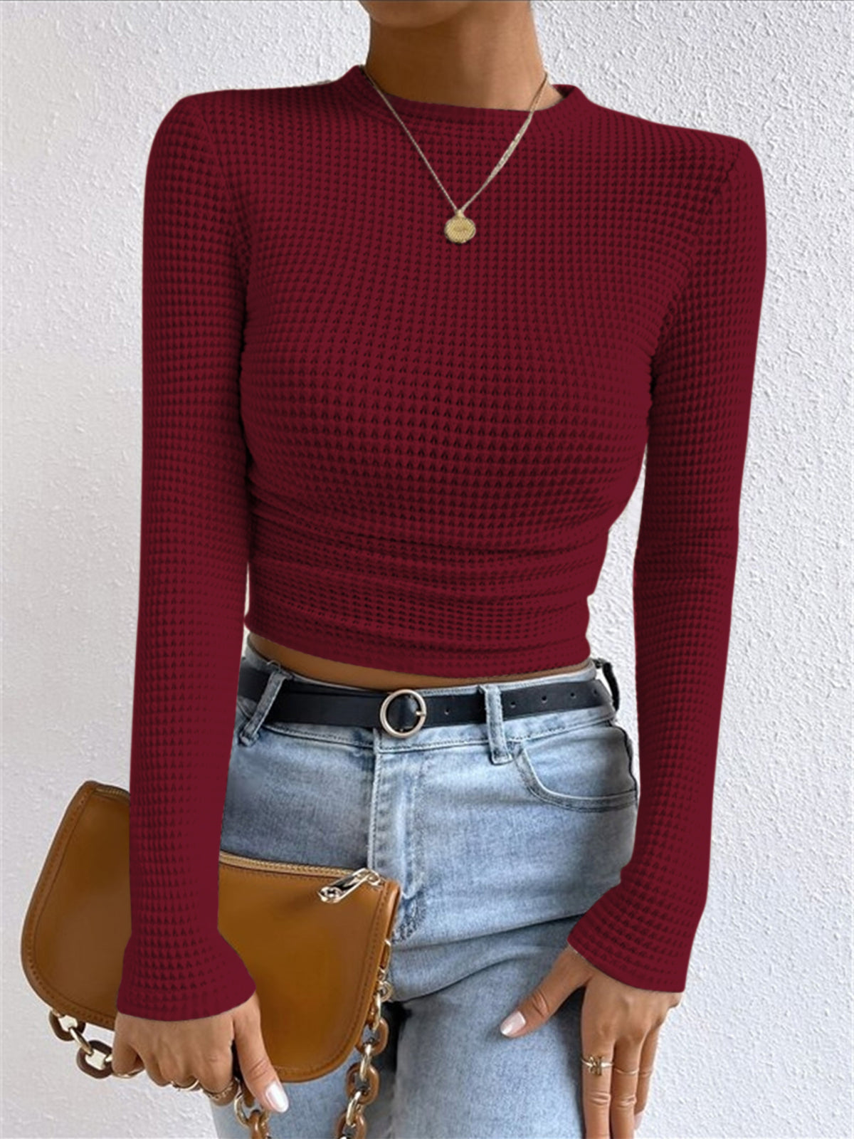 Textured Waffle Knit Fitted Sweater