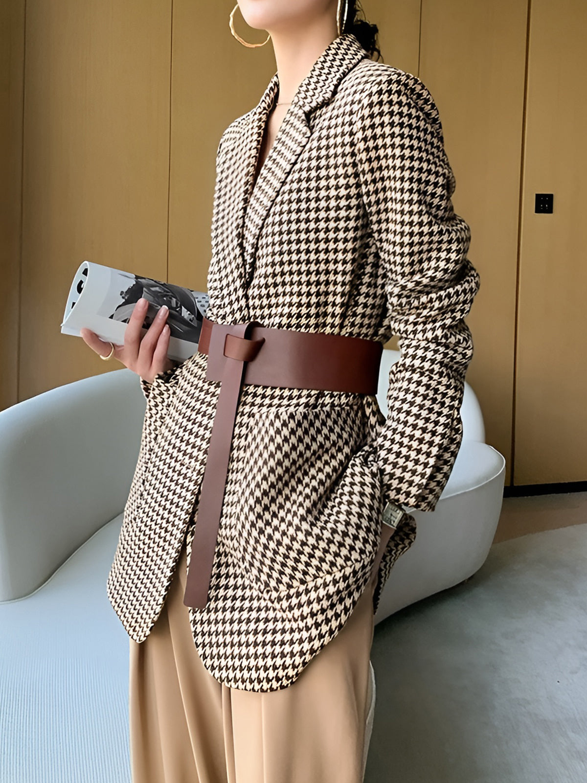 Houndstooth Print Blazer with Waist Tie Detail
