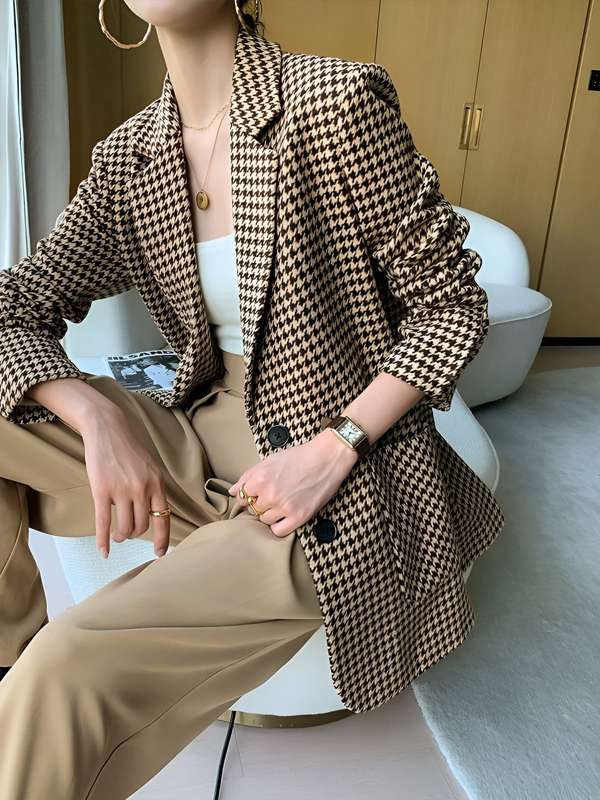 Houndstooth Print Blazer with Waist Tie Detail