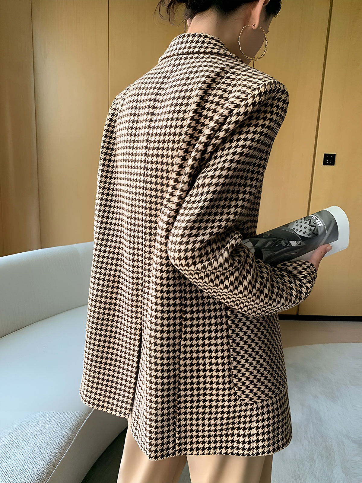 Houndstooth Print Blazer with Waist Tie Detail