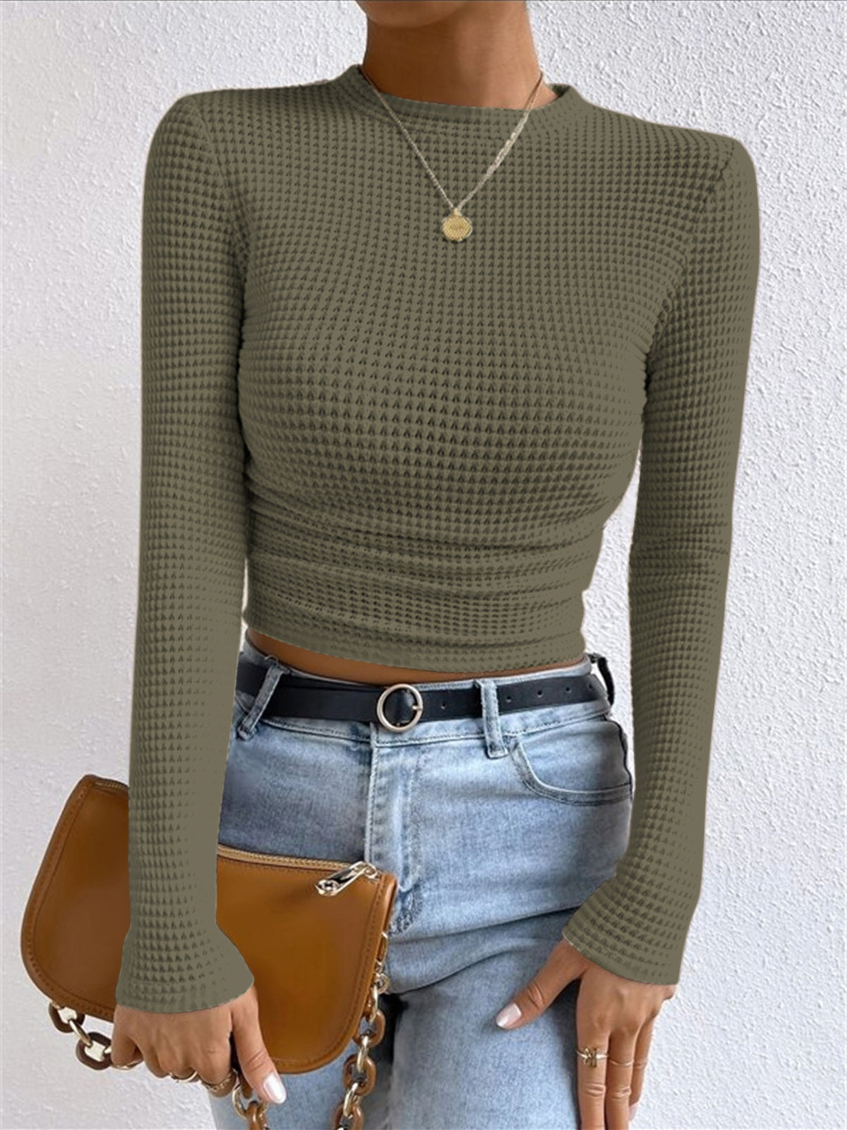 Textured Waffle Knit Fitted Sweater