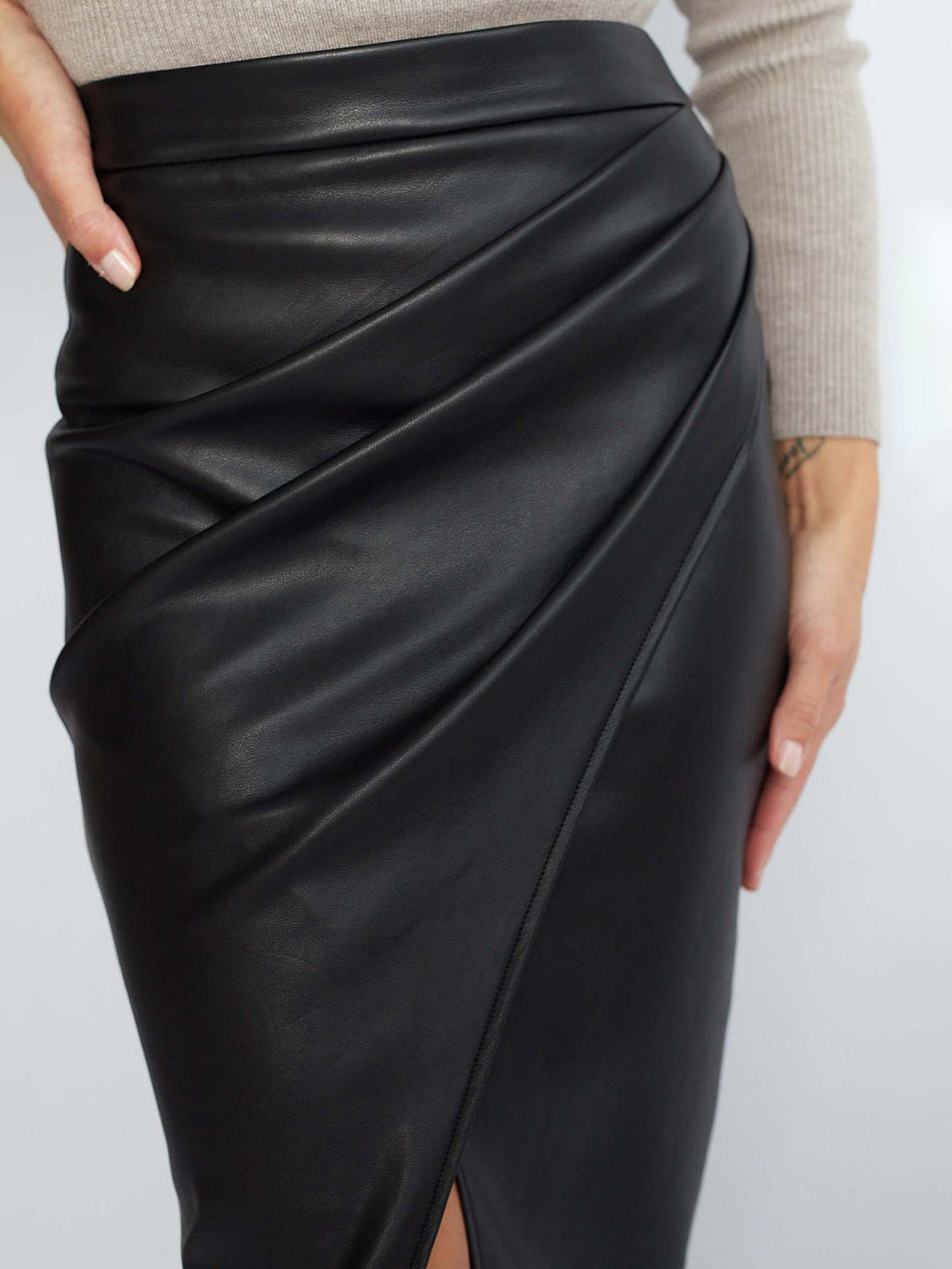 Asymmetrical Pleated Faux Leather Midi Skirt