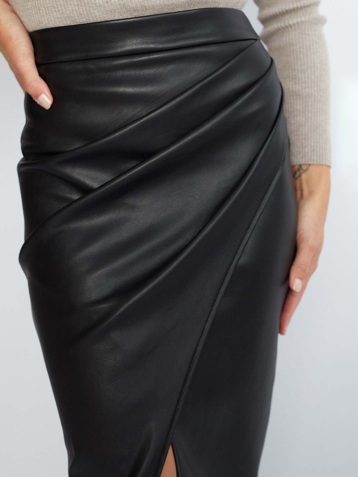 Asymmetrical Pleated Faux Leather Midi Skirt