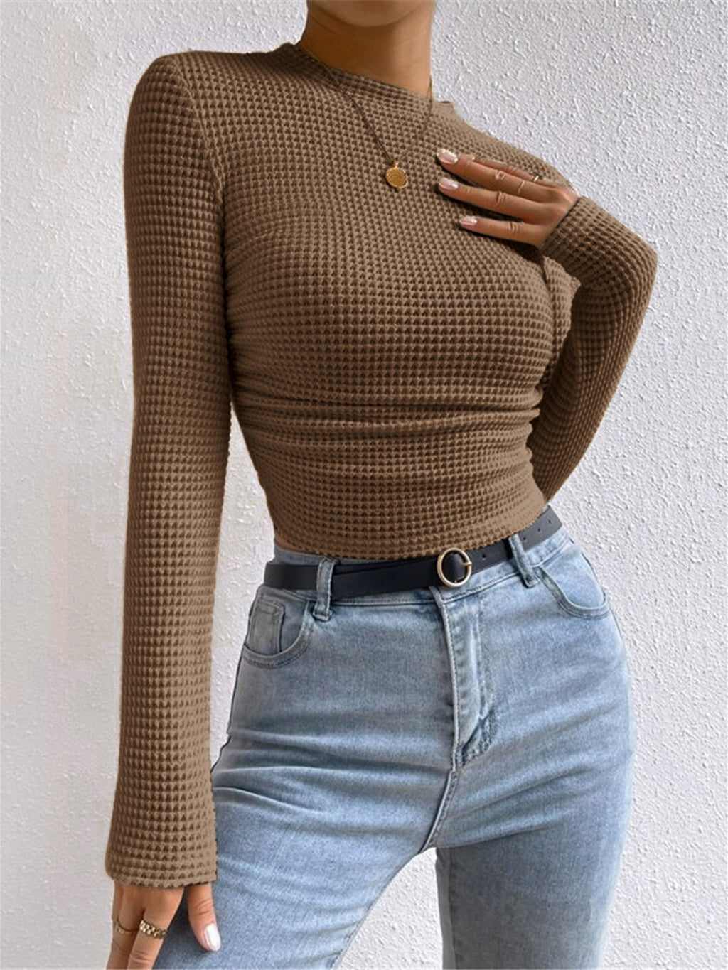Textured Waffle Knit Fitted Sweater