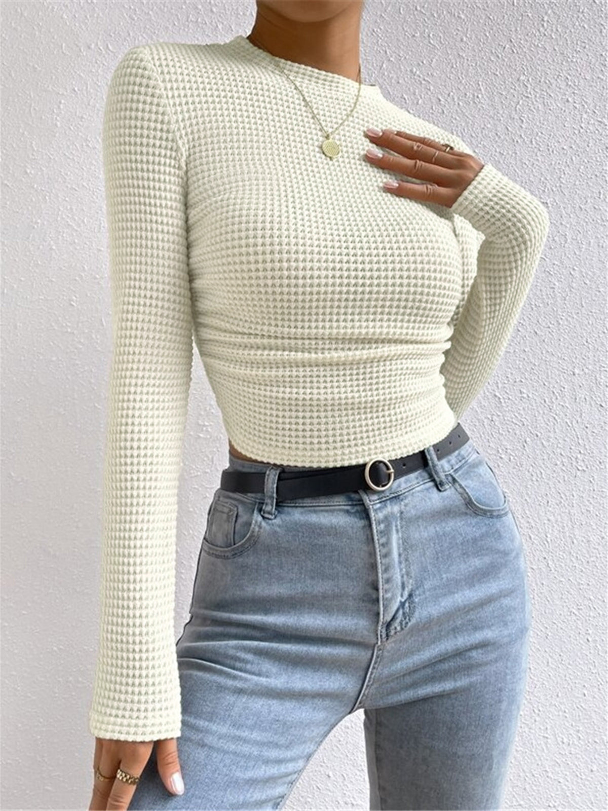 Textured Waffle Knit Fitted Sweater