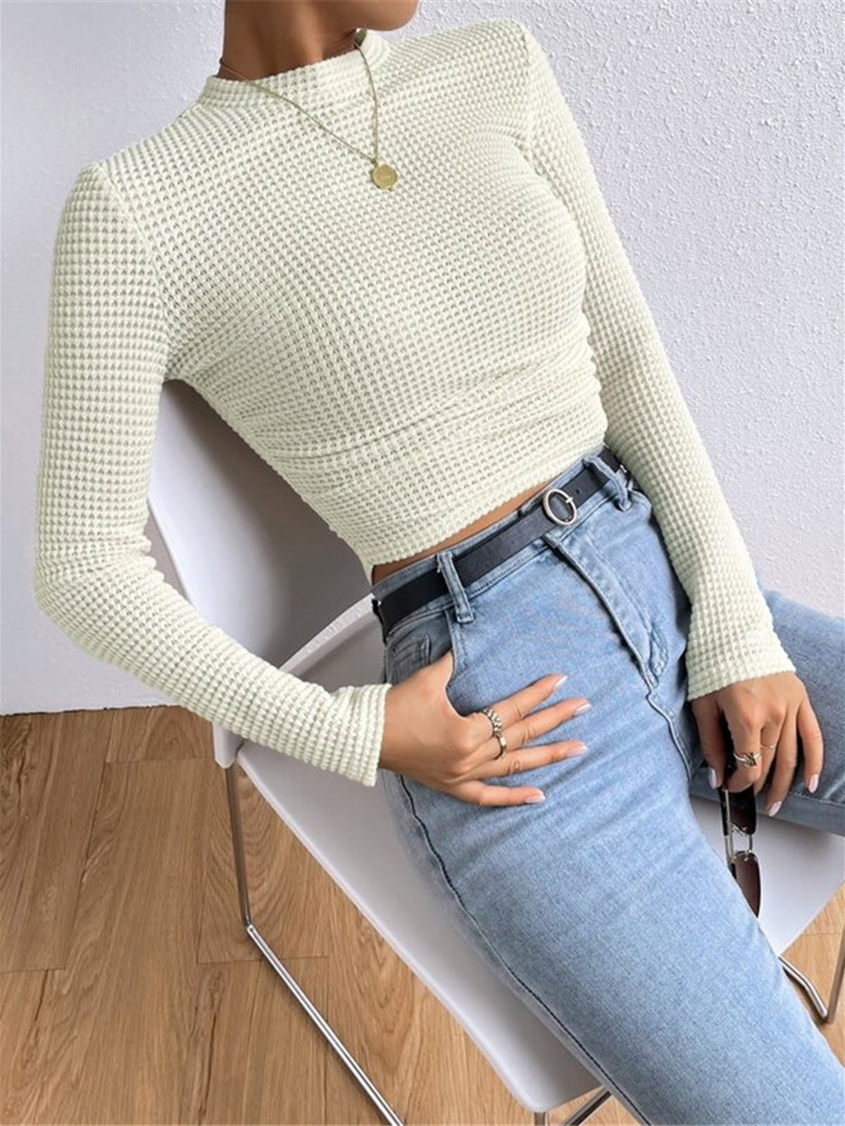 Textured Waffle Knit Fitted Sweater