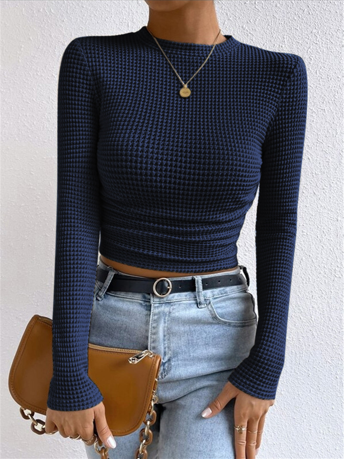 Textured Waffle Knit Fitted Sweater