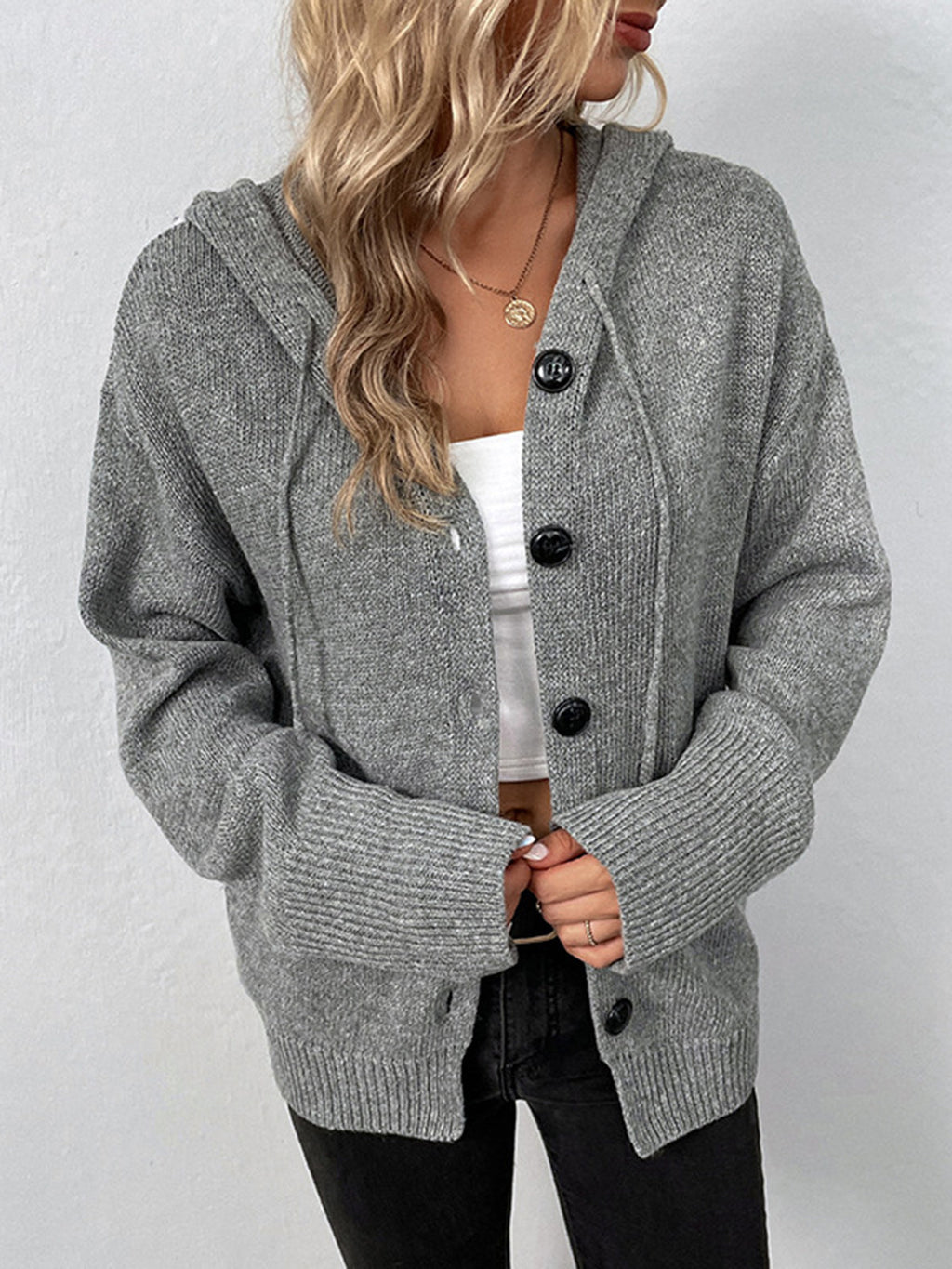 Chic Hooded Cardigan with Button Closure and Drawstring Detail