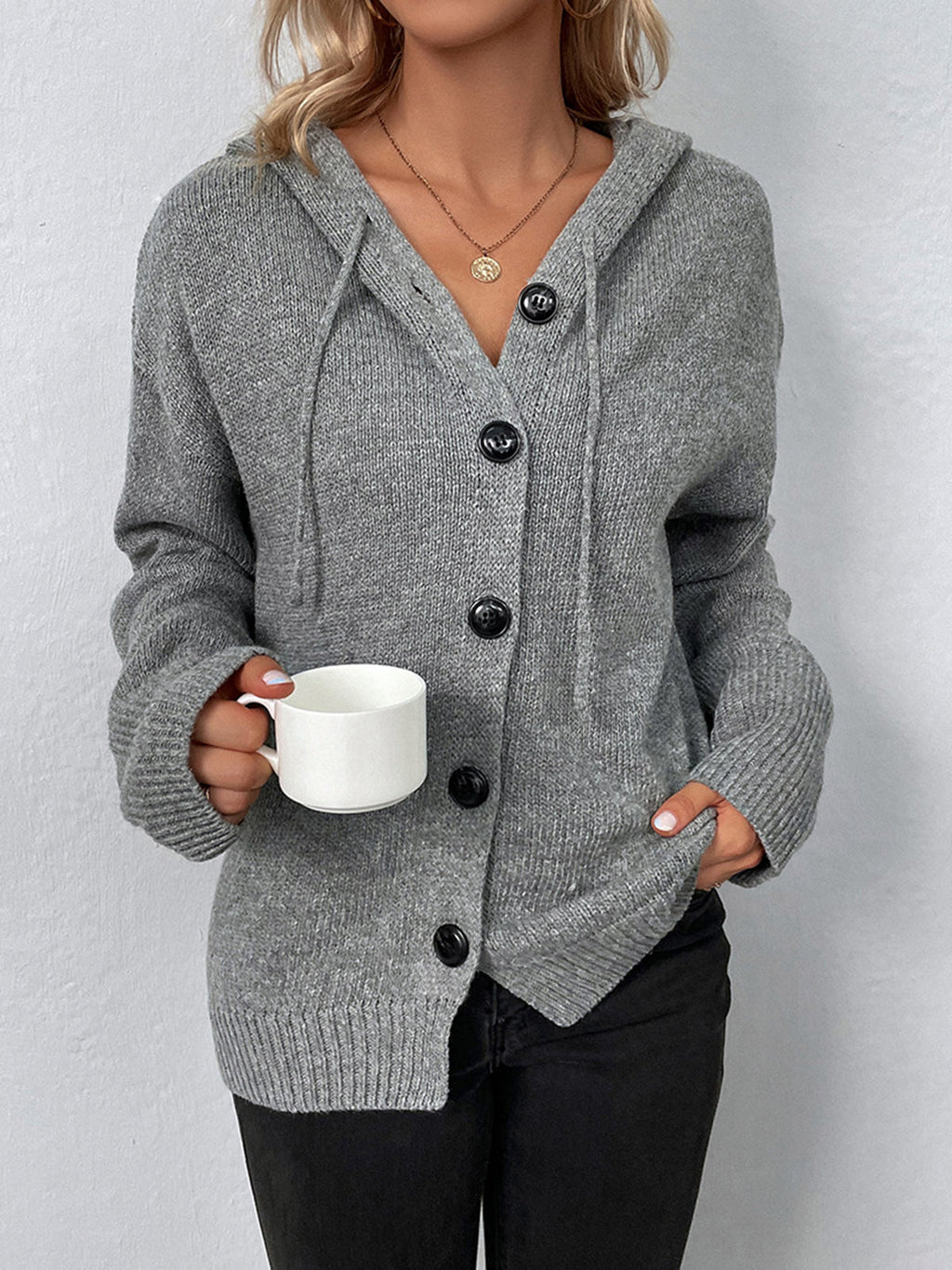 Chic Hooded Cardigan with Button Closure and Drawstring Detail
