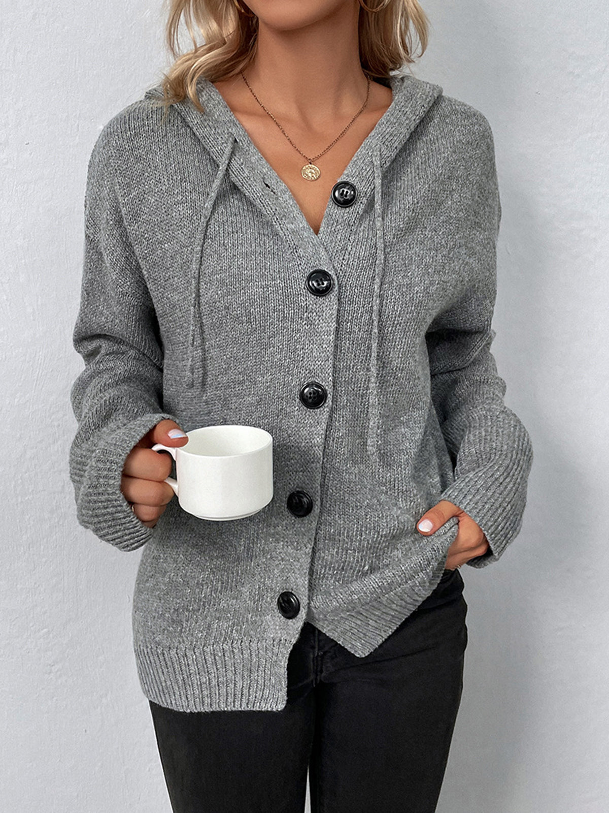 Chic Hooded Cardigan with Button Closure and Drawstring Detail