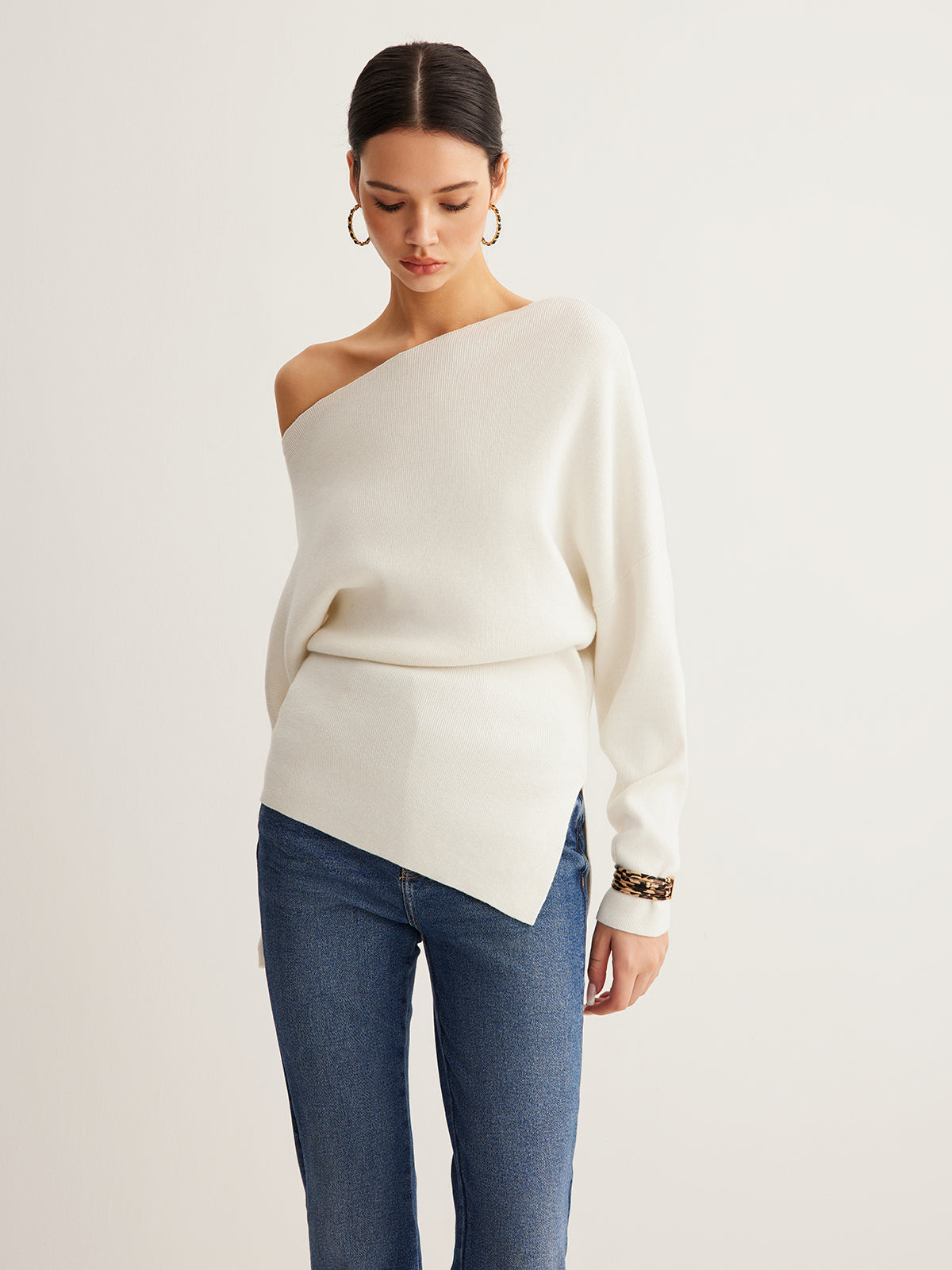 Asymmetrical Neck Wool-Blend Knit Top