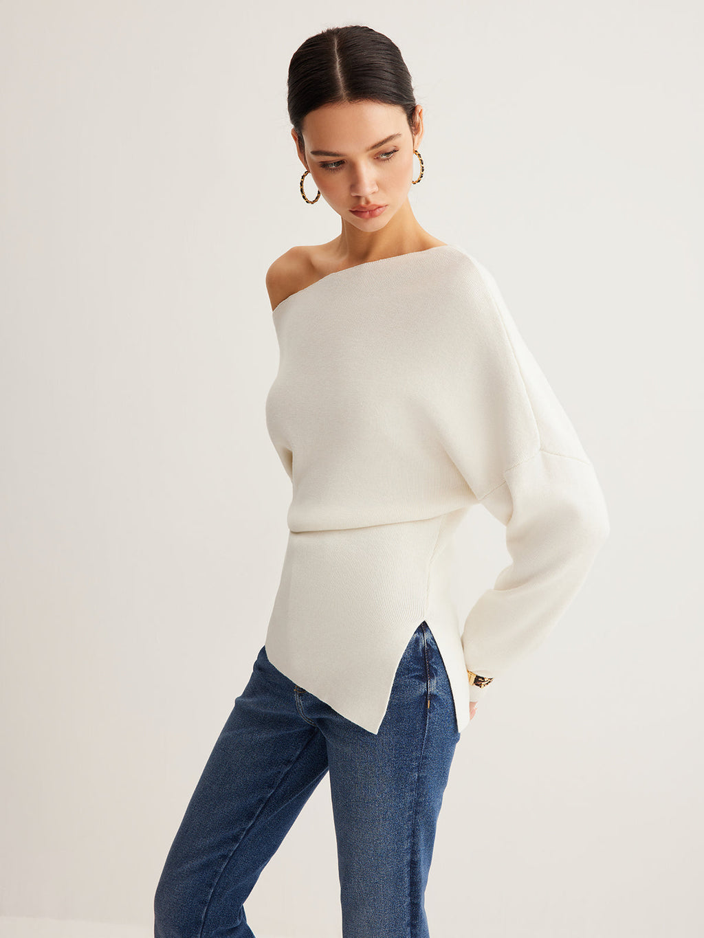 Asymmetrical Neck Wool-Blend Knit Top