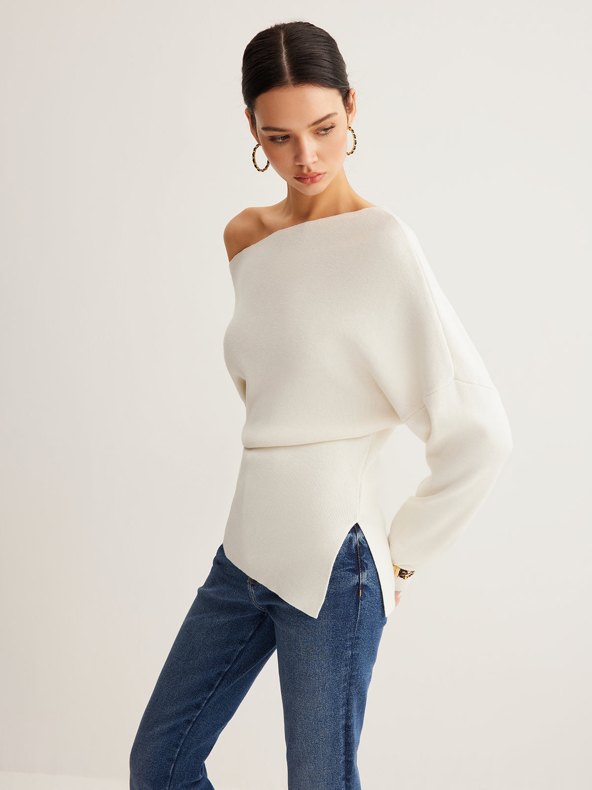 Asymmetrical Neck Wool-Blend Knit Top
