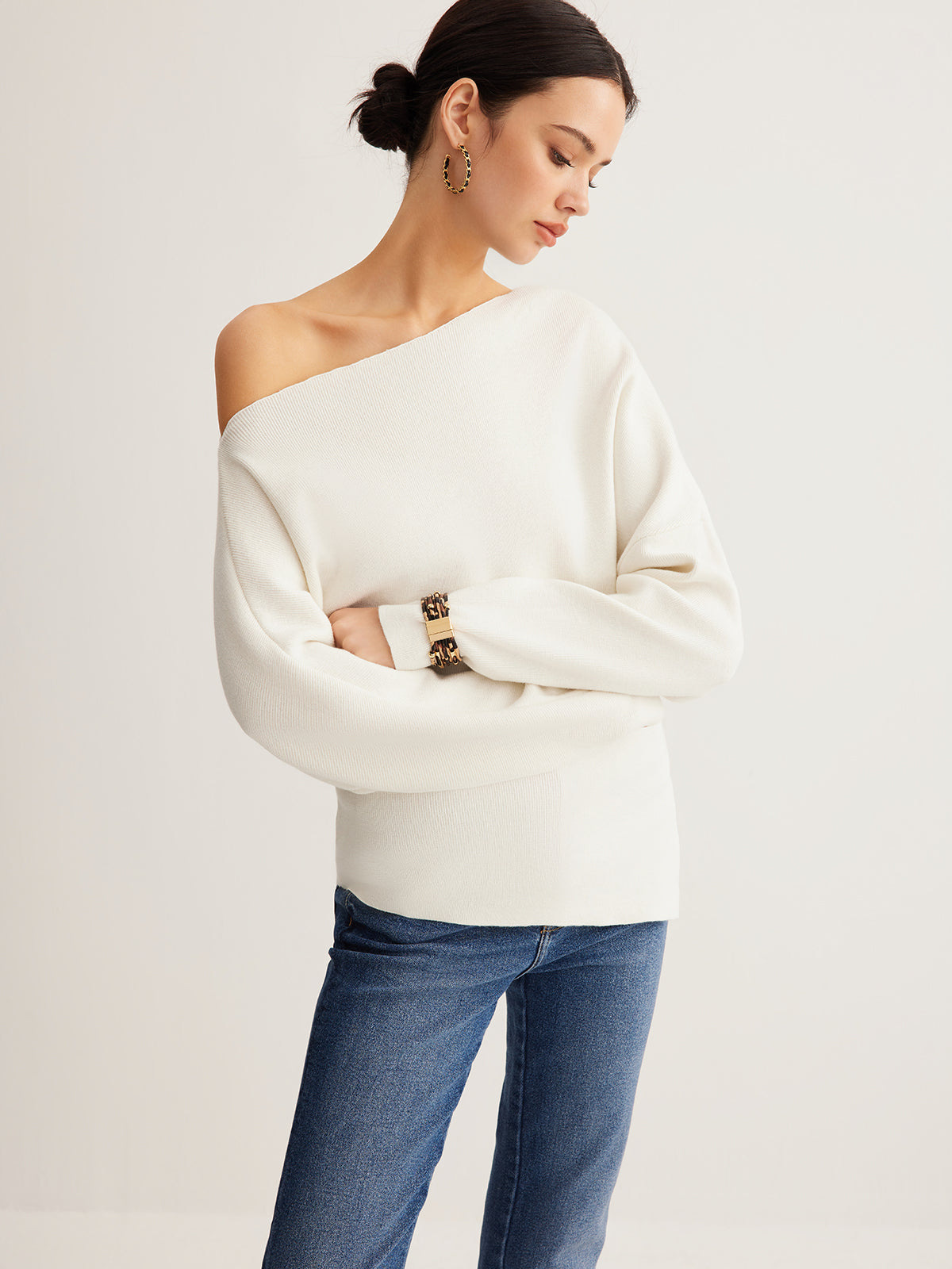 Asymmetrical Neck Wool-Blend Knit Top