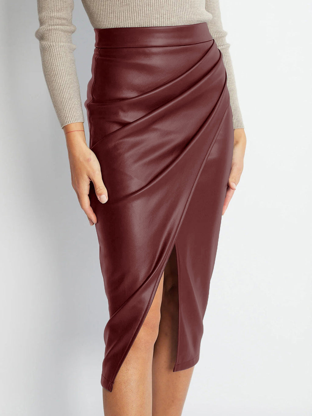 Asymmetrical Pleated Faux Leather Midi Skirt
