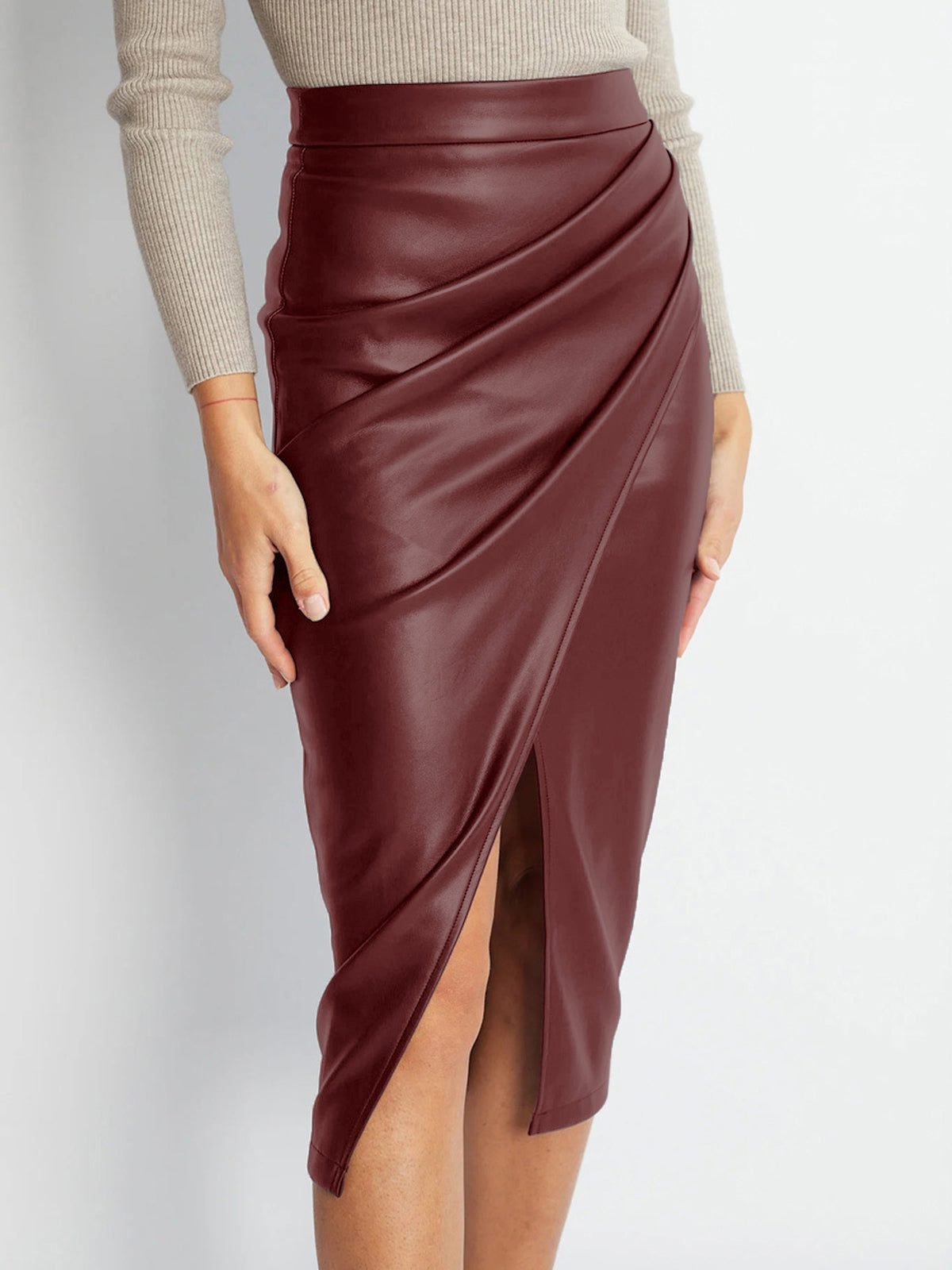 Asymmetrical Pleated Faux Leather Midi Skirt