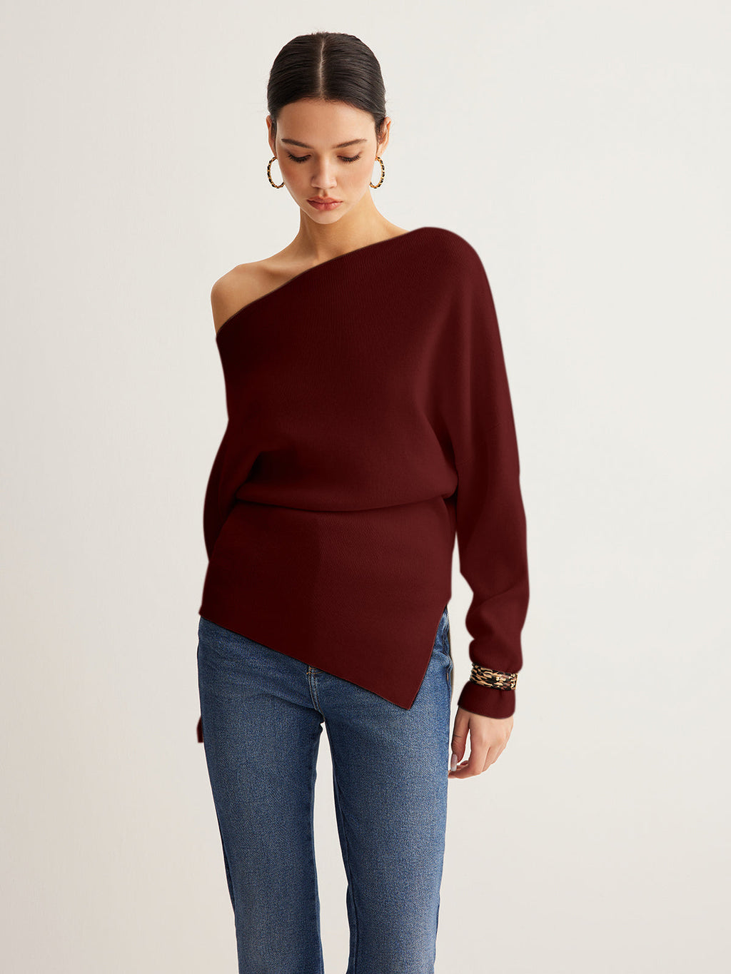 Asymmetrical Neck Wool-Blend Knit Top
