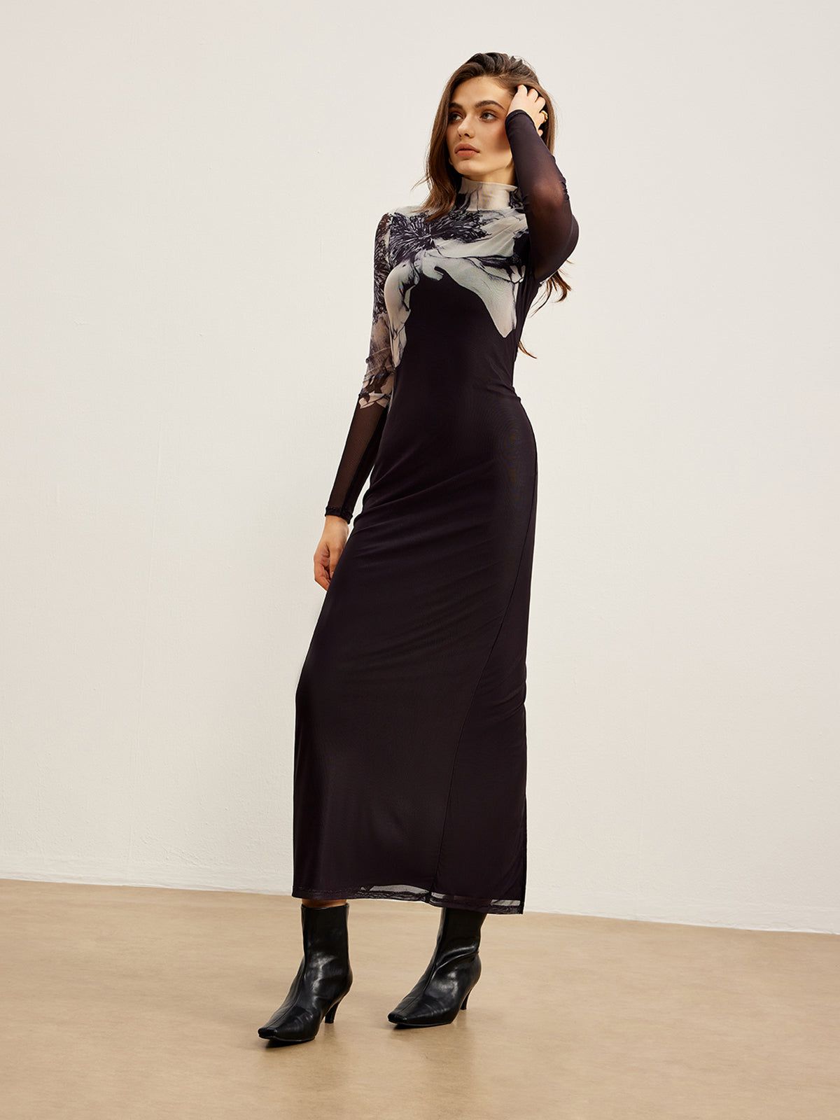Chic Mock Neck Mesh Dress with Vibrant Print